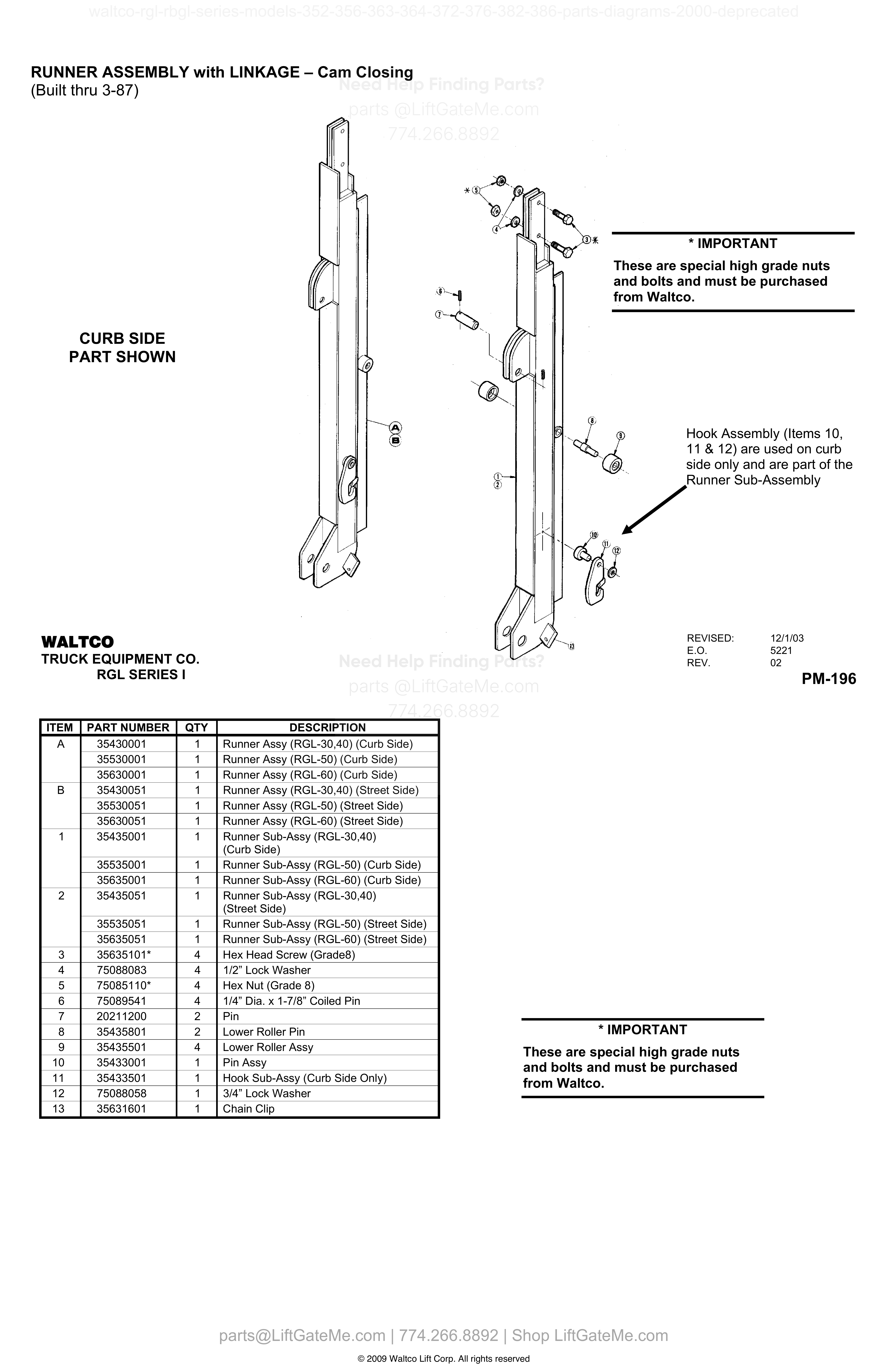 RUNNER ASSEMBLY with LINKAGE – Cam Closing (Built thru 3-87) diagram