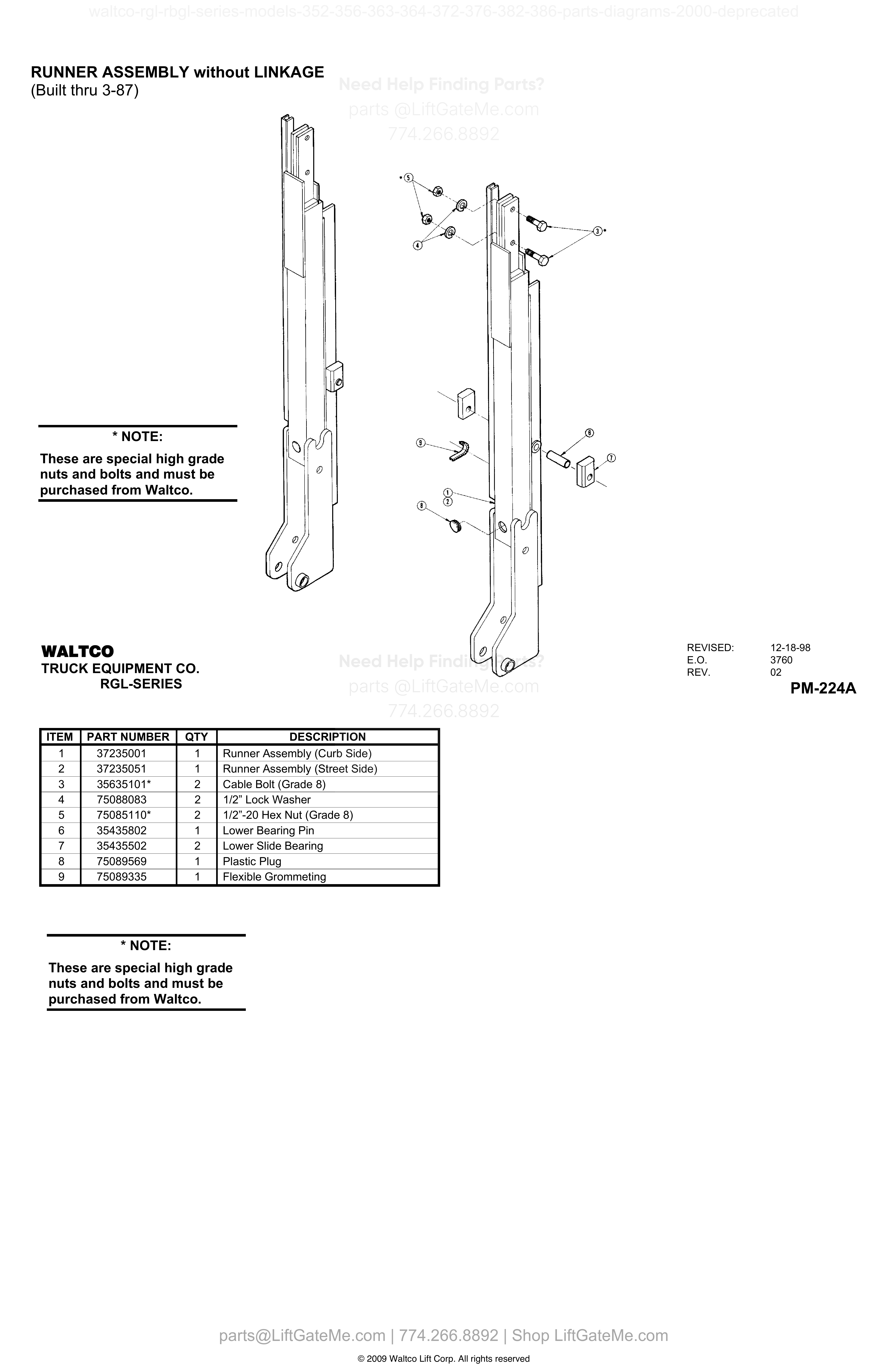 RUNNER ASSEMBLY without LINKAGE (Built thru 3-87) diagram