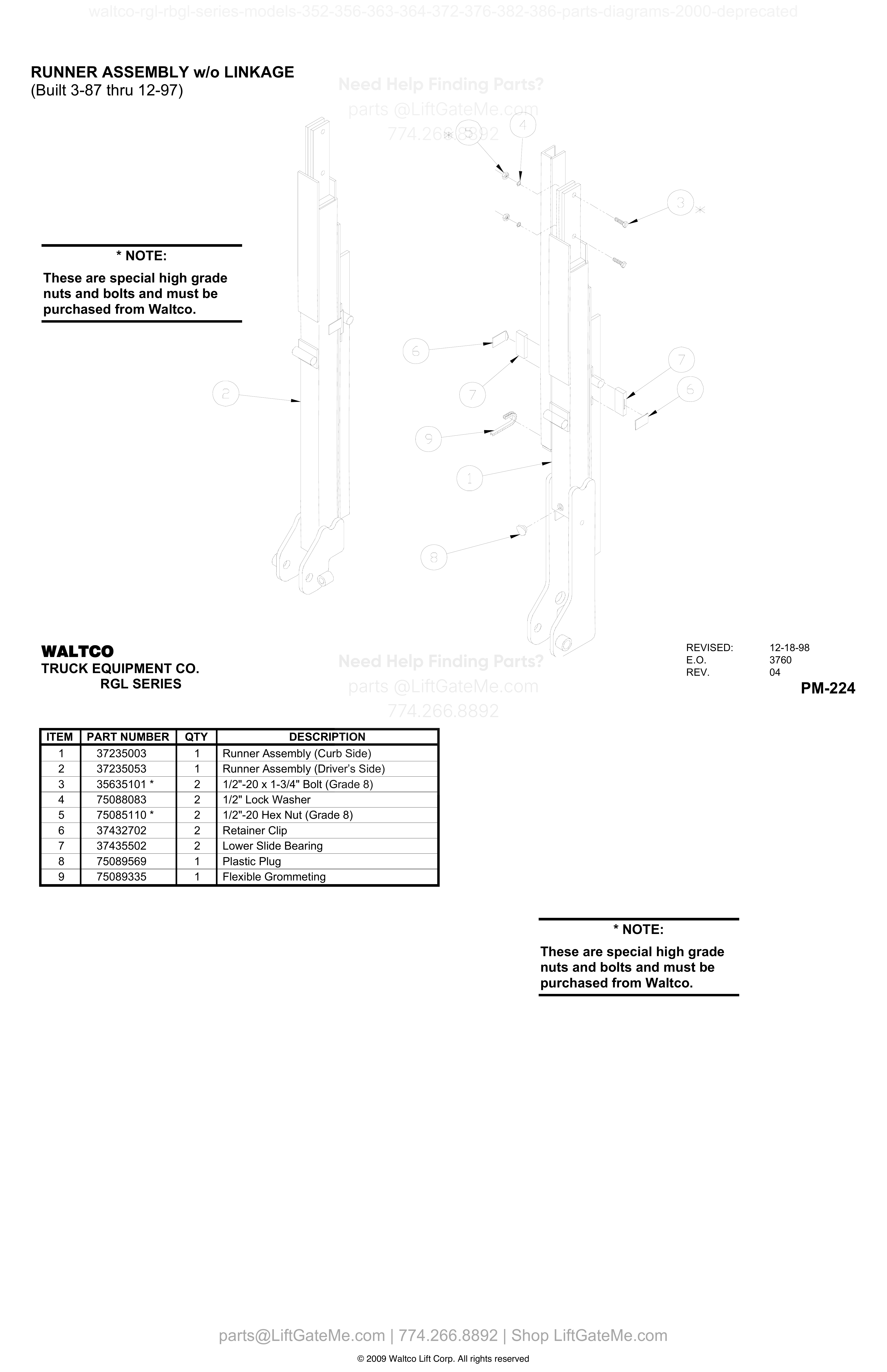 RUNNER ASSEMBLY w/o LINKAGE (Built 3-87 thru 12-97) diagram
