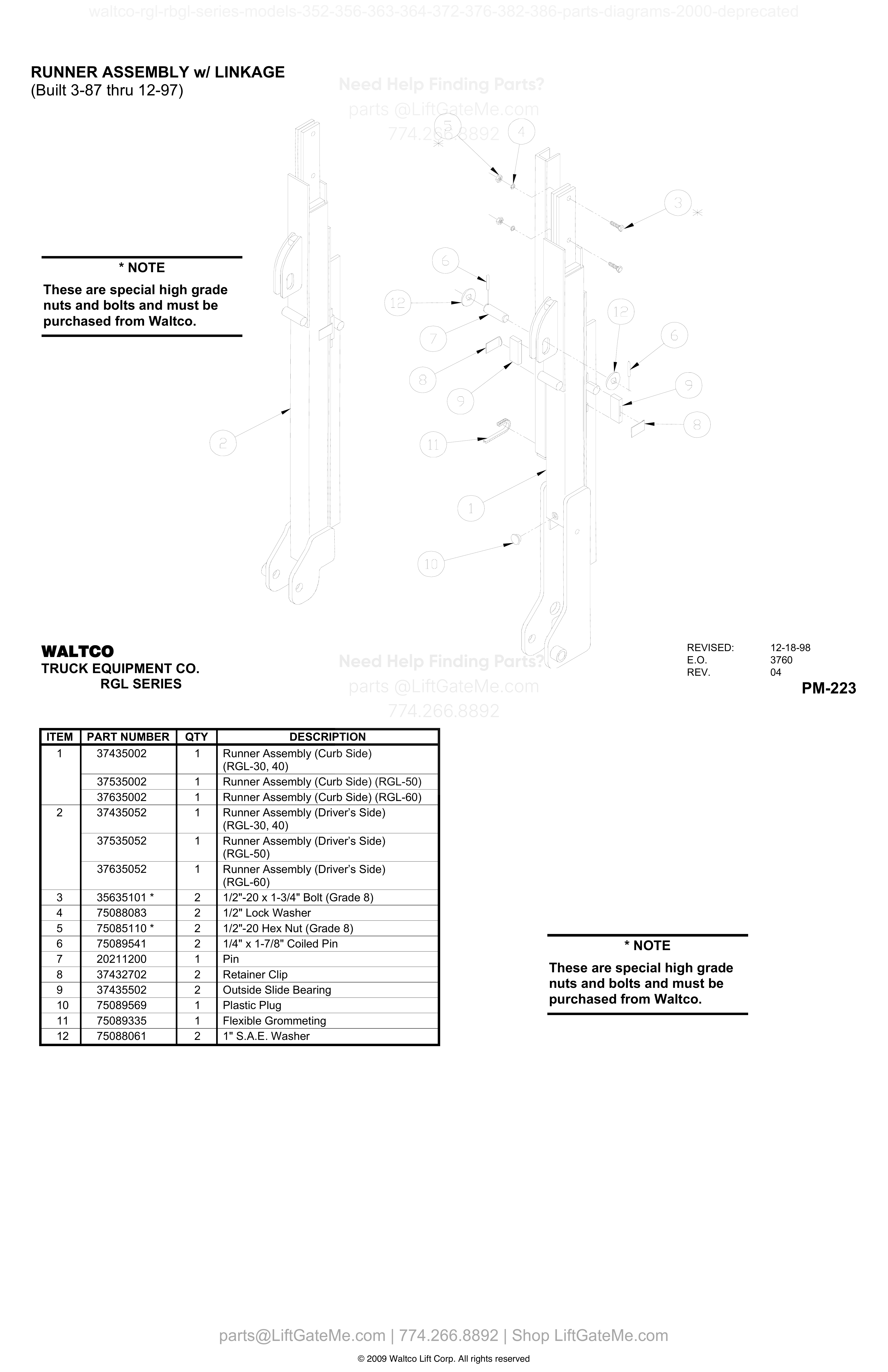 RUNNER ASSEMBLY w/ LINKAGE (Built 3-87 thru 12-97) diagram