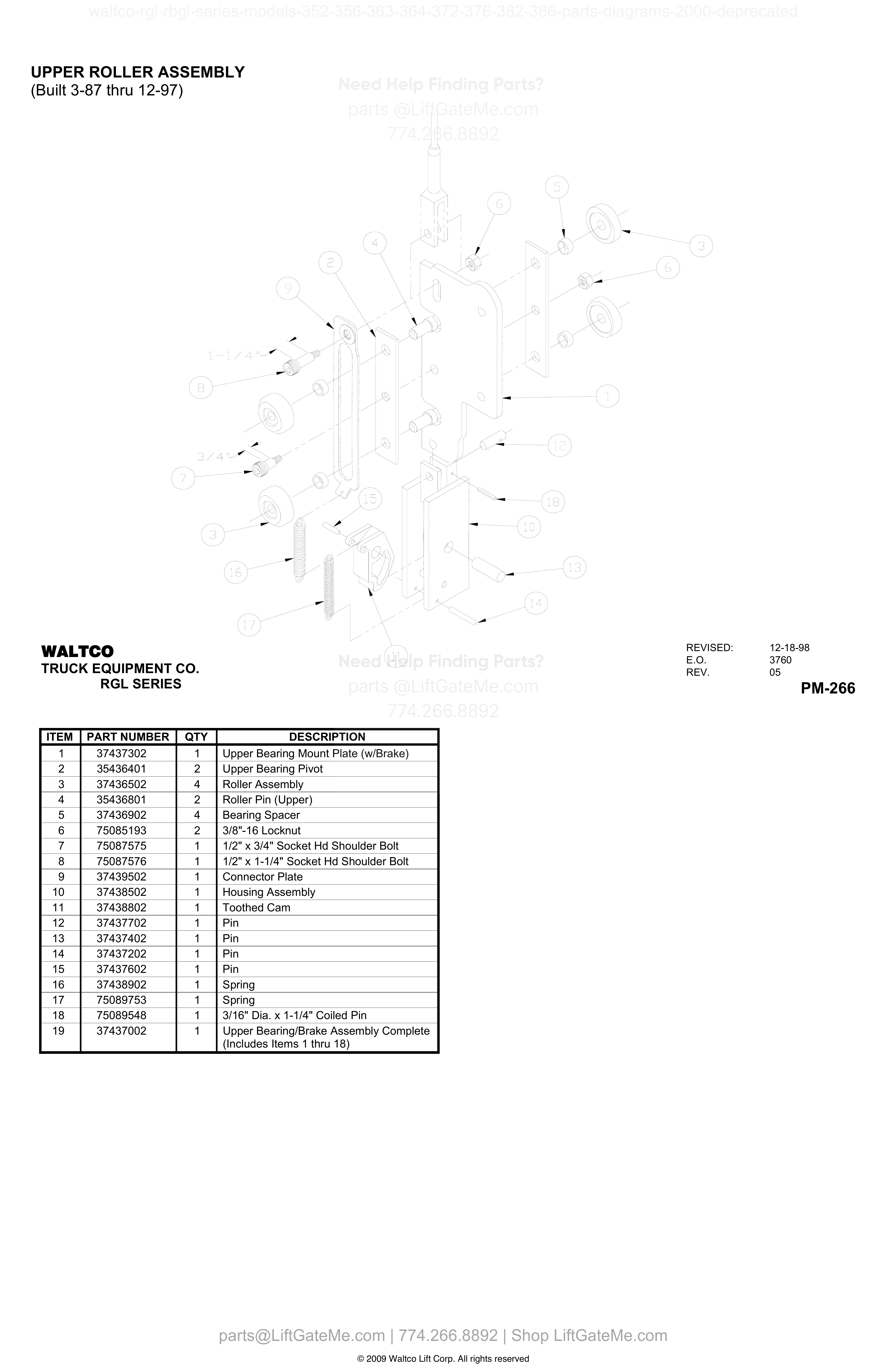 UPPER ROLLER ASSEMBLY (Built 3-87 thru 12-97) diagram