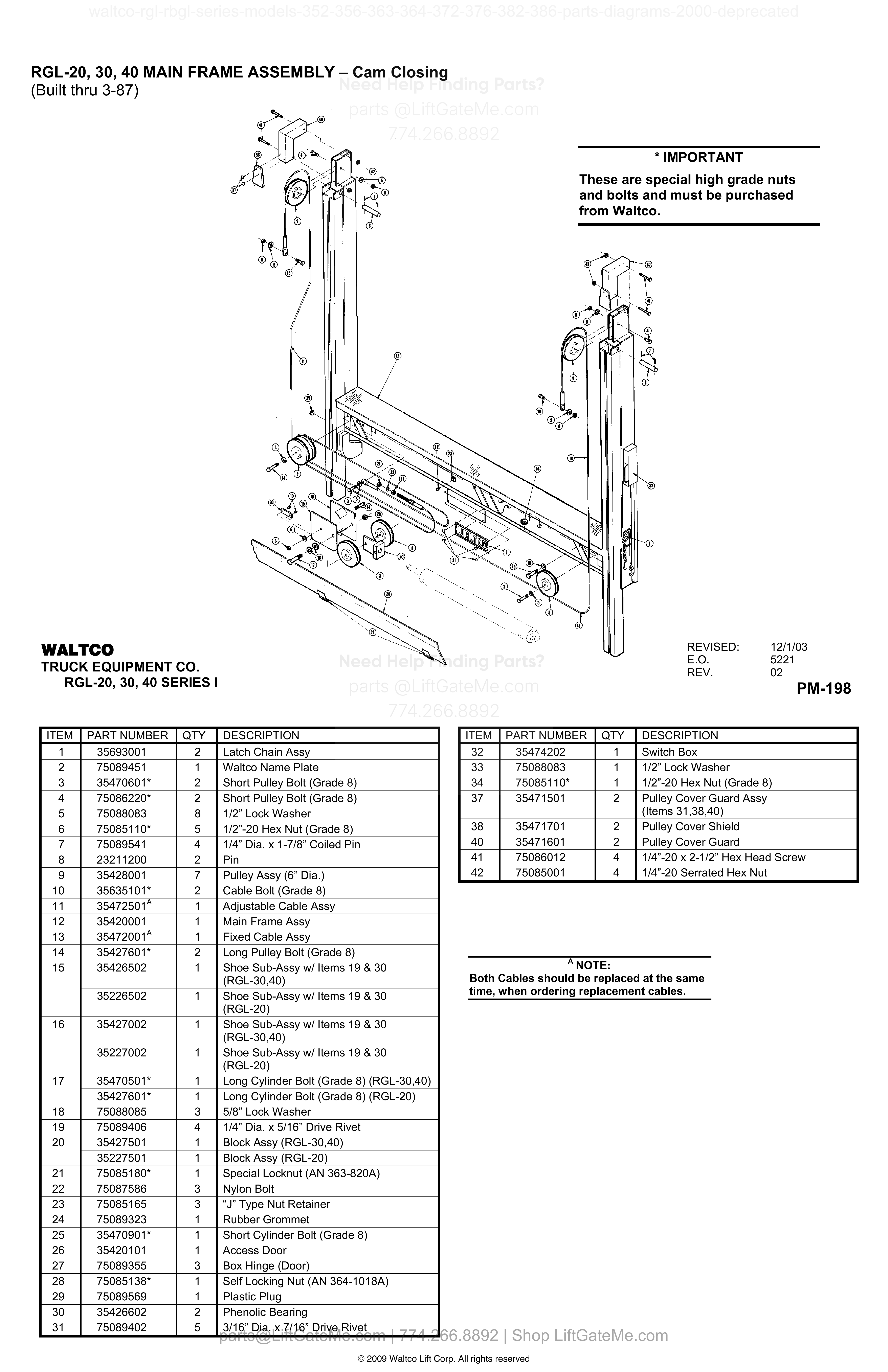 RGL-20, 30, 40 MAIN FRAME ASSEMBLY – Cam Closing (Built thru 3-87) diagram