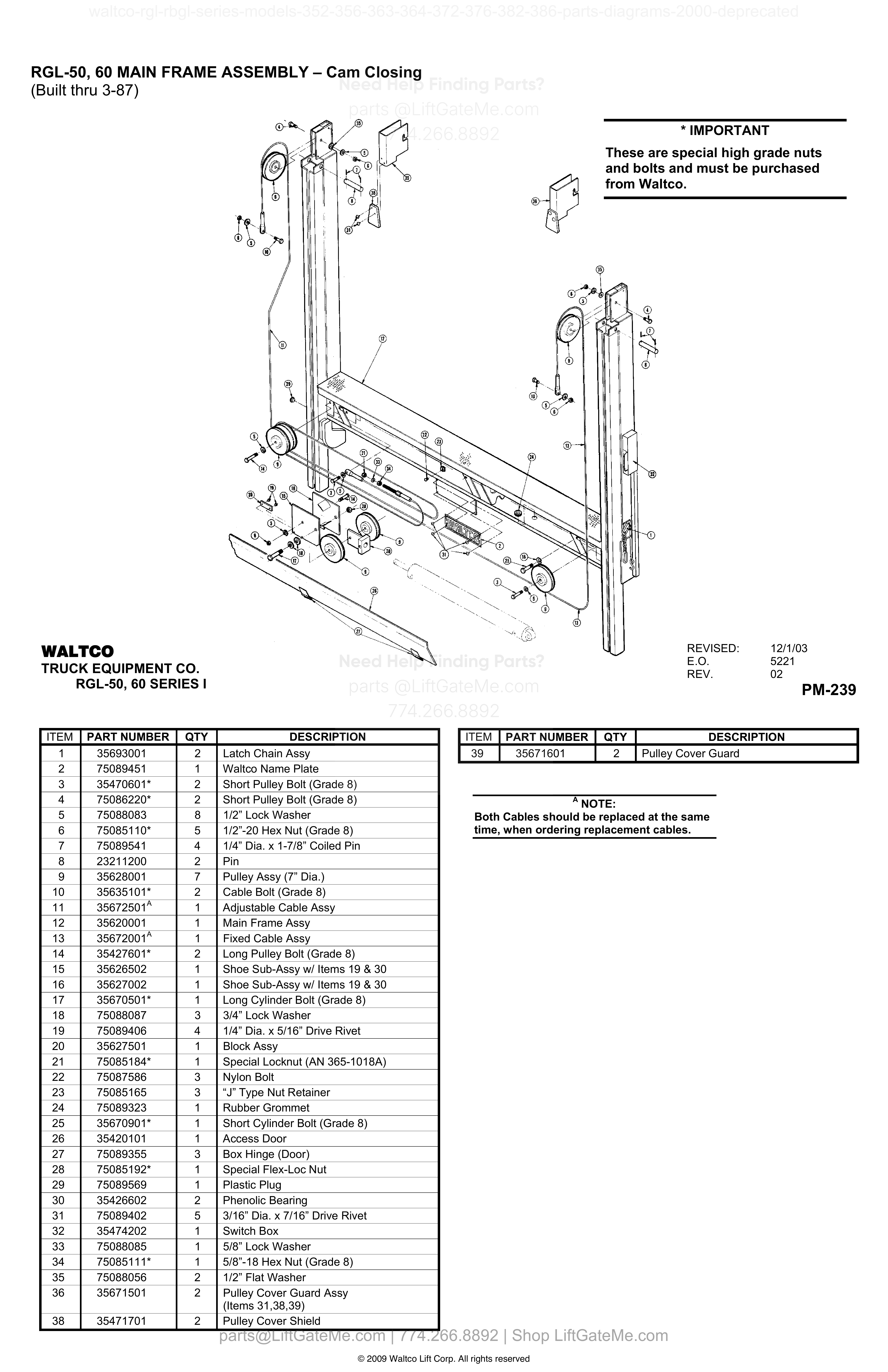 RGL-50, 60 MAIN FRAME ASSEMBLY – Cam Closing (Built thru 3-87) diagram