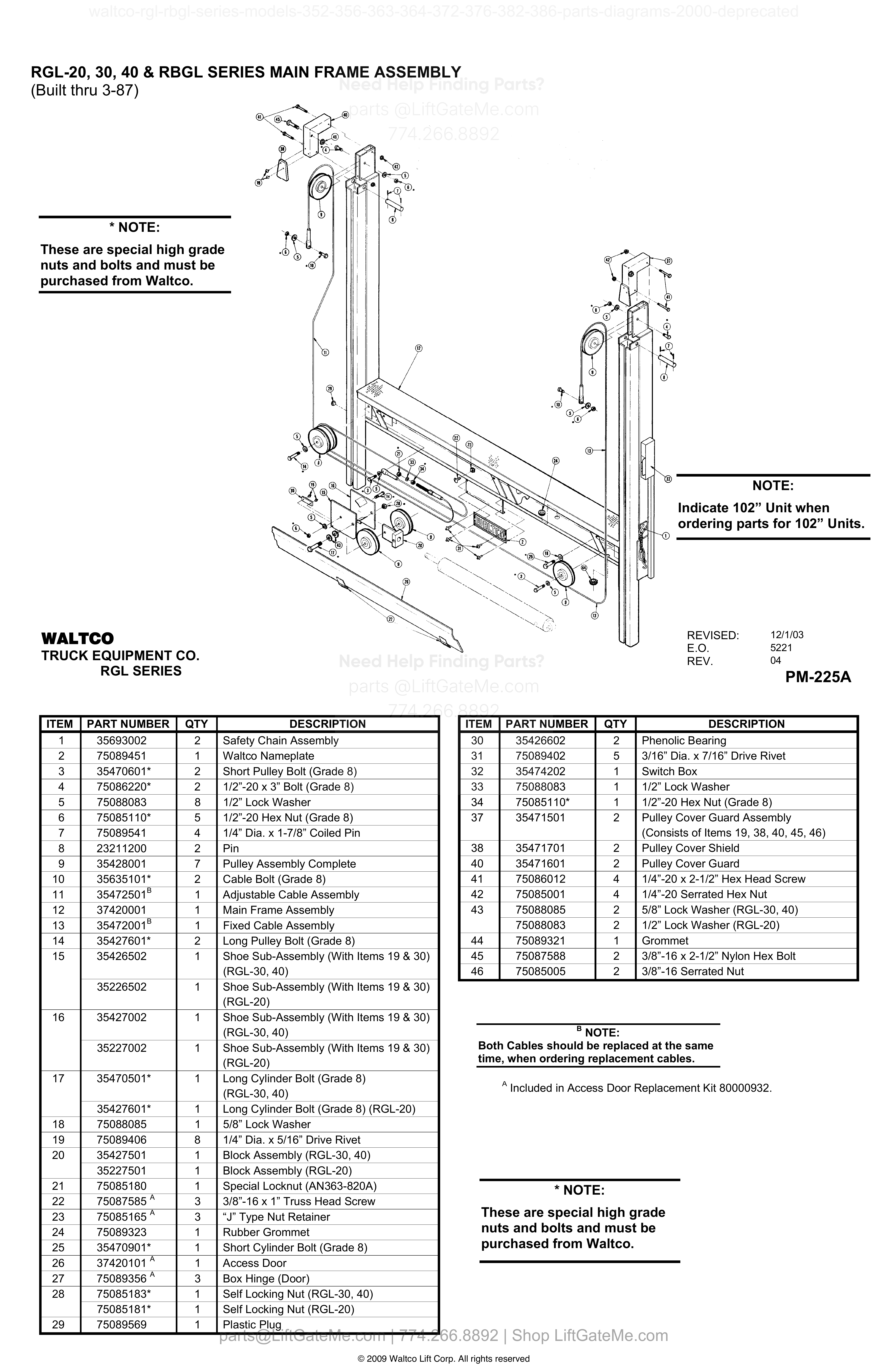 RGL-20, 30, 40 & RBGL SERIES MAIN FRAME ASSEMBLY (Built thru 3-87) diagram