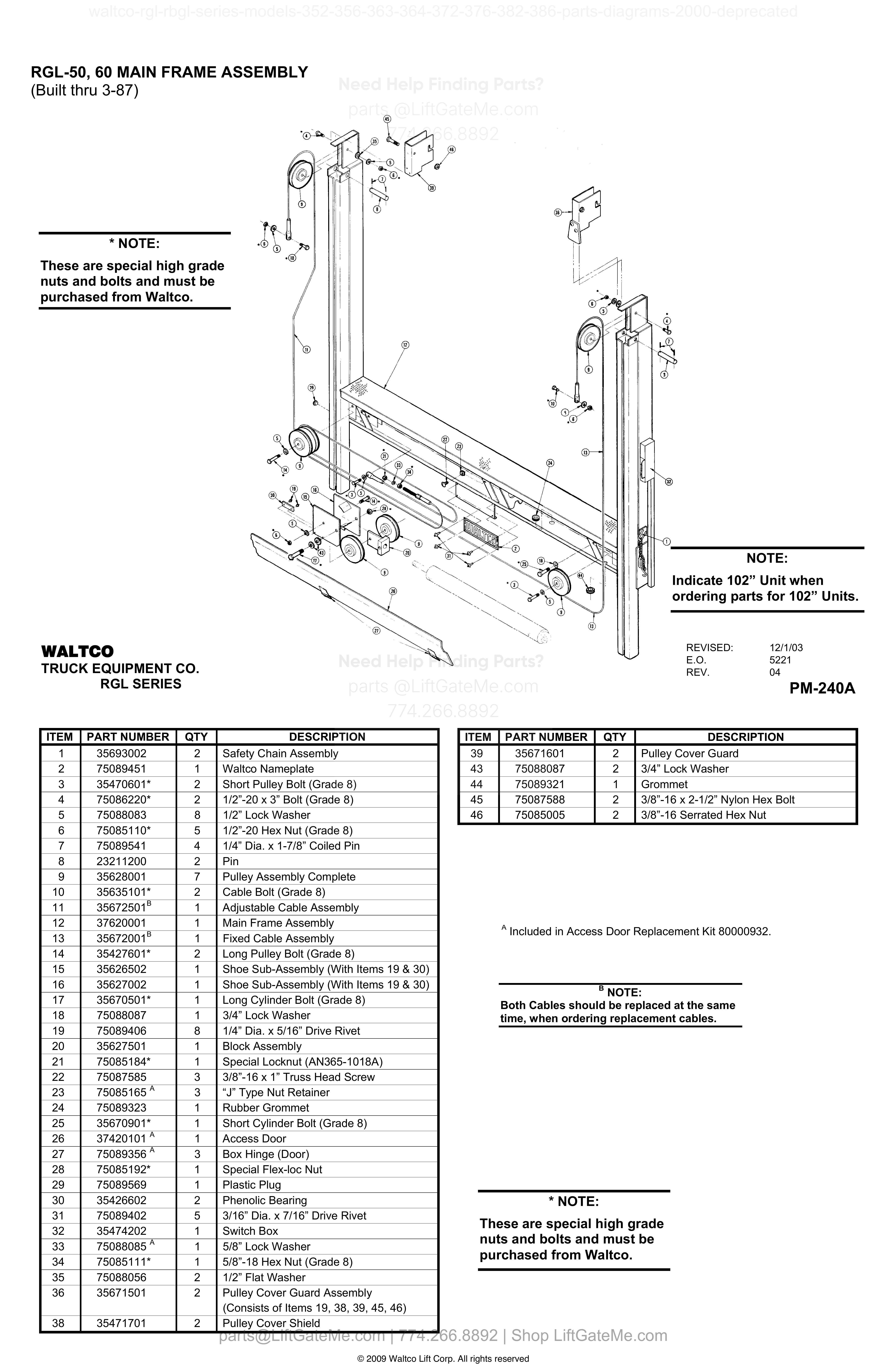 RGL-50, 60 MAIN FRAME ASSEMBLY (Built thru 3-87) diagram