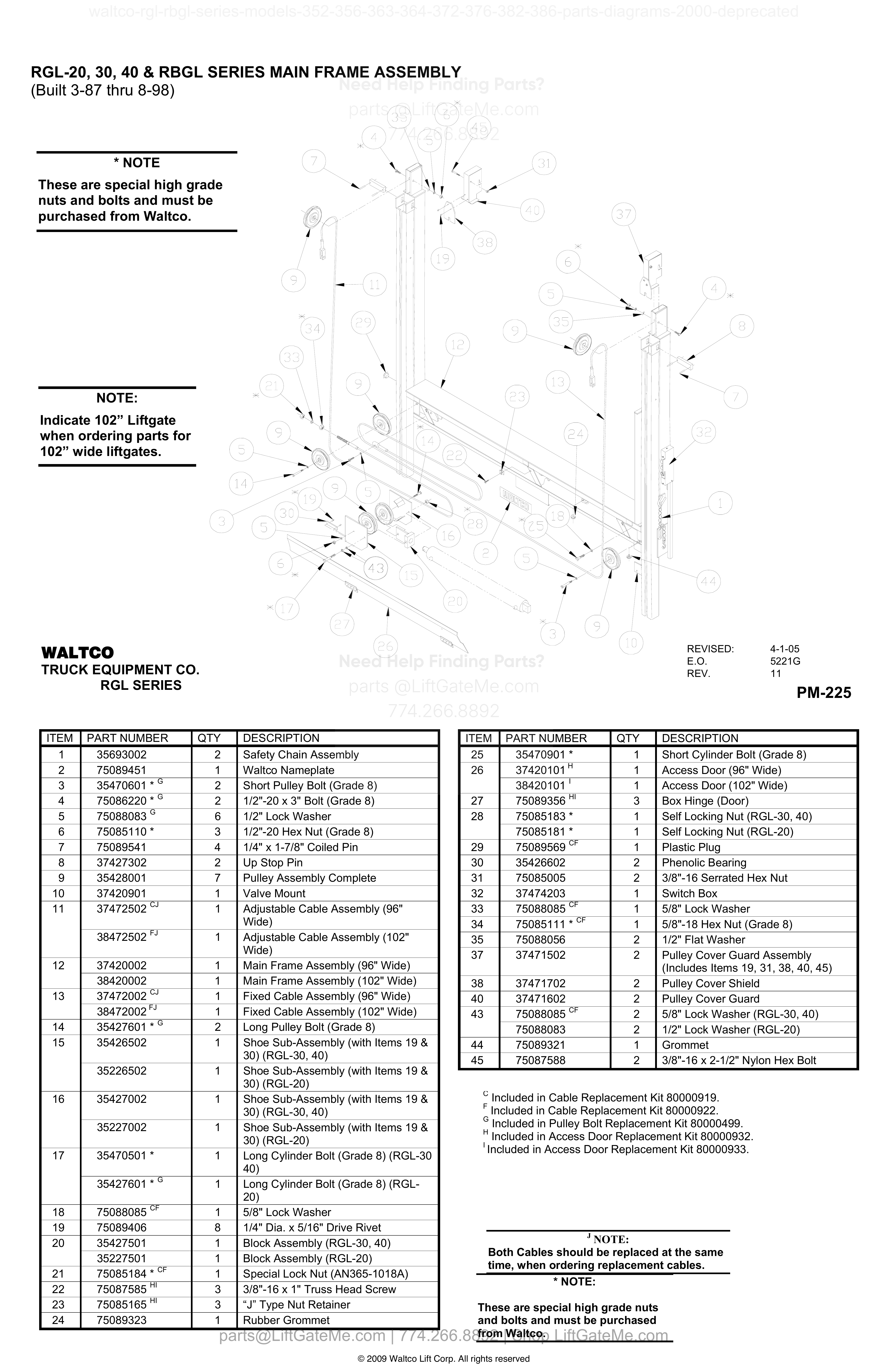 RGL-20, 30, 40 & RBGL SERIES MAIN FRAME ASSEMBLY diagram