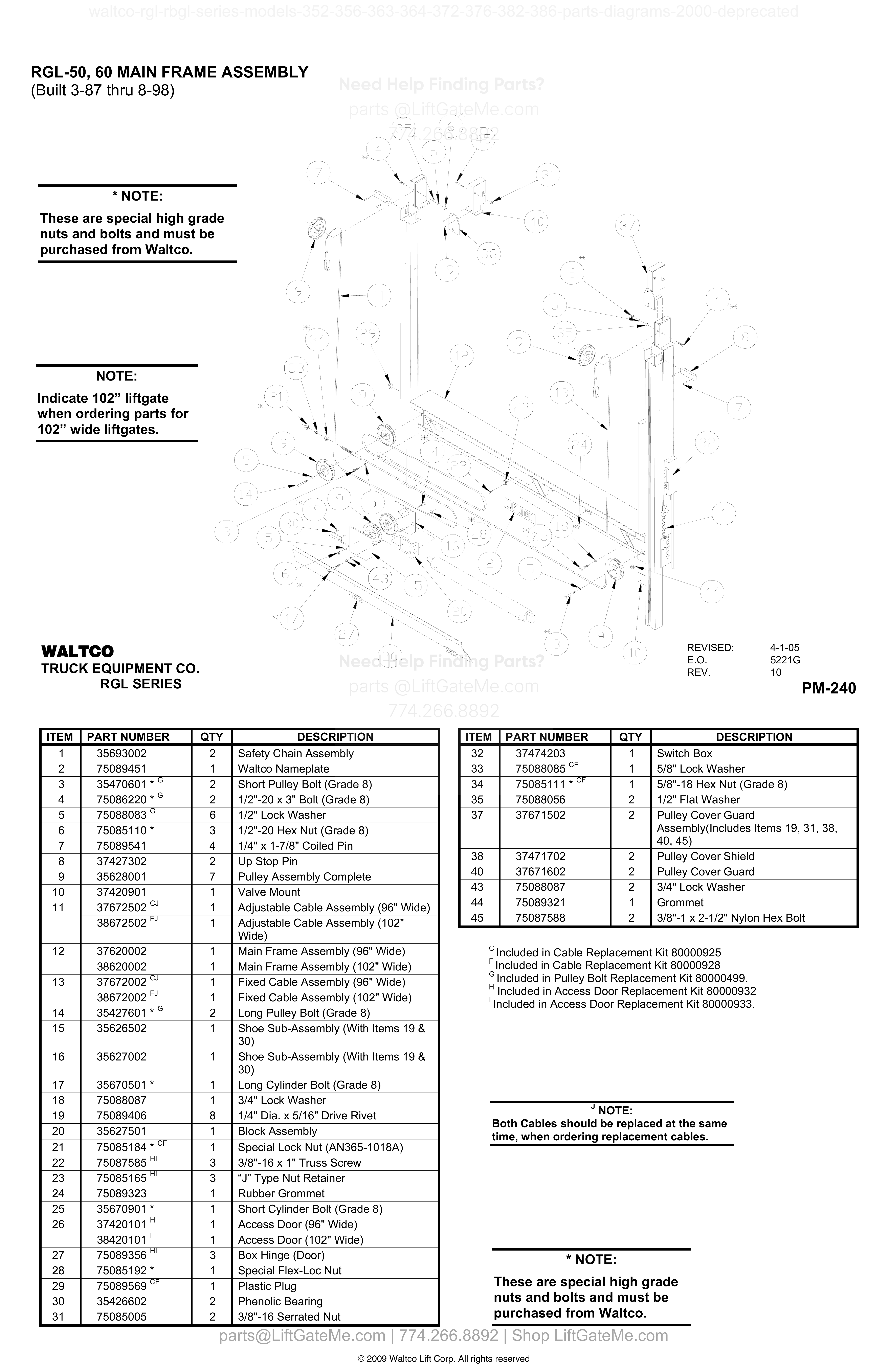 RGL-50, 60 MAIN FRAME ASSEMBLY diagram