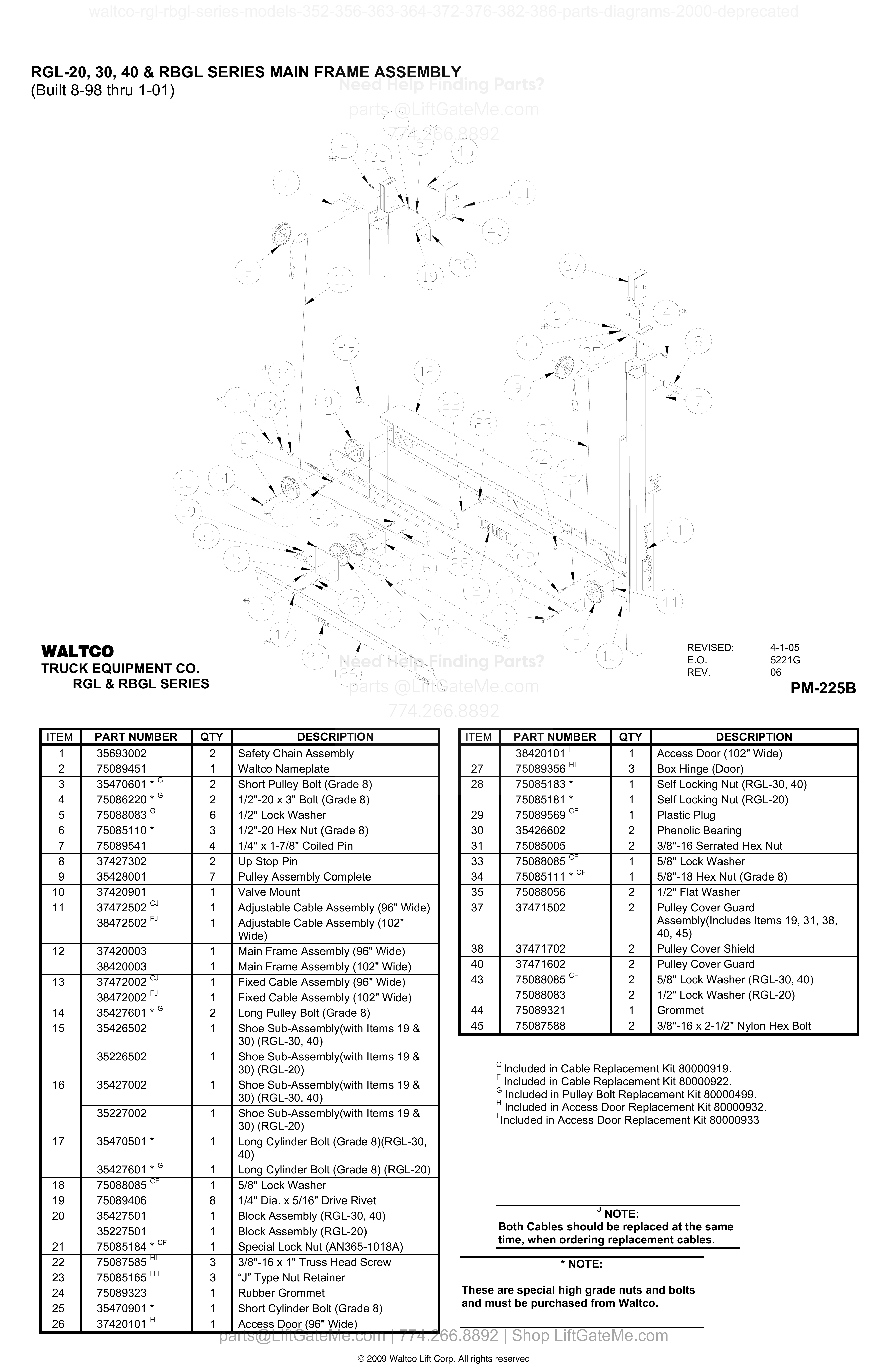 RGL-20, 30, 40 & RBGL SERIES MAIN FRAME ASSEMBLY diagram