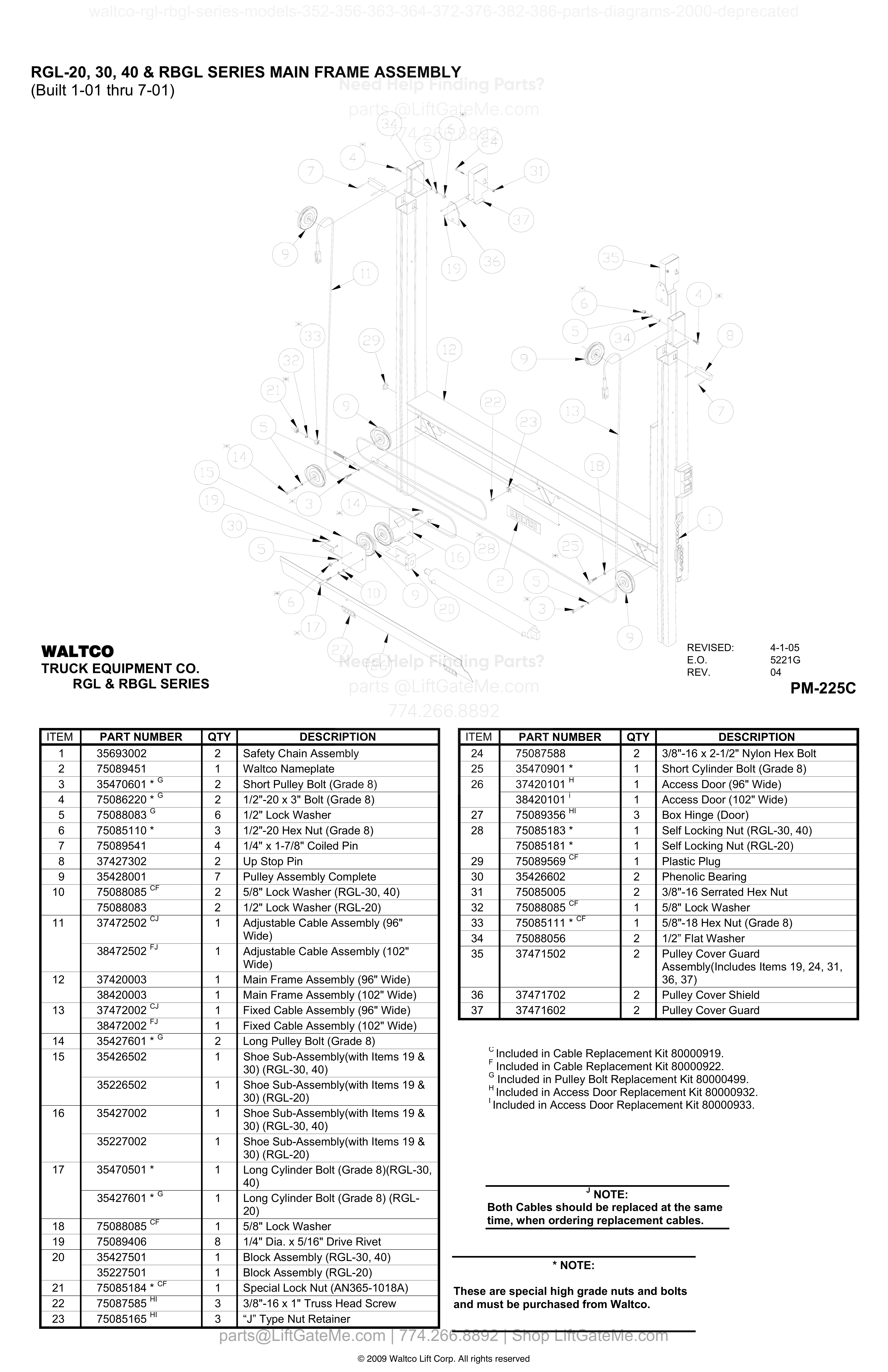 RGL-20, 30, 40 & RBGL SERIES MAIN FRAME ASSEMBLY (Built 1-01 thru 7-01) diagram