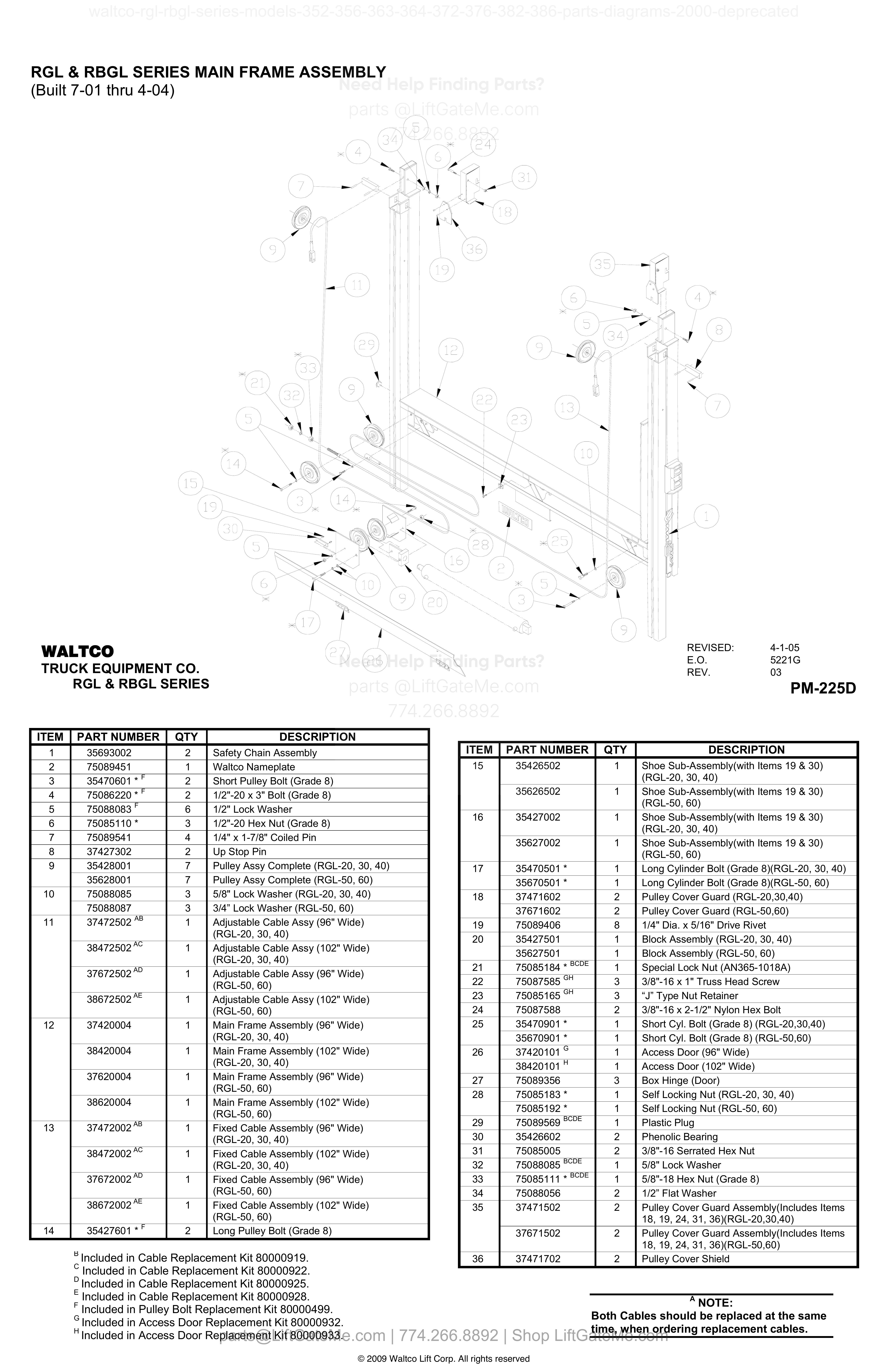 RGL & RBGL SERIES MAIN FRAME ASSEMBLY (Built 7-01 thru 4-04) diagram