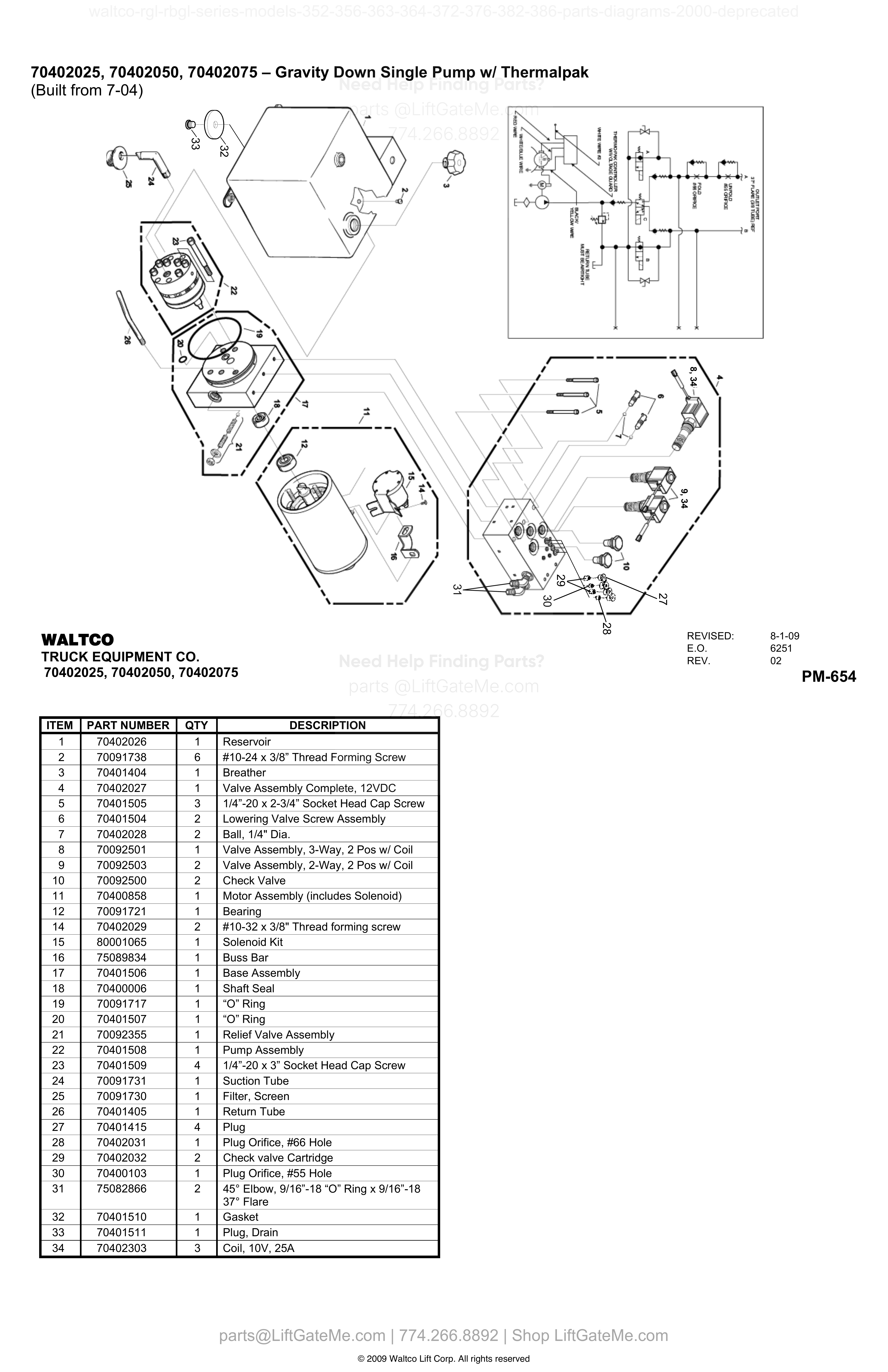 70402025, 70402050, 70402075 – Gravity Down Single Pump w/ Thermalpak (Built from 7-04) diagram