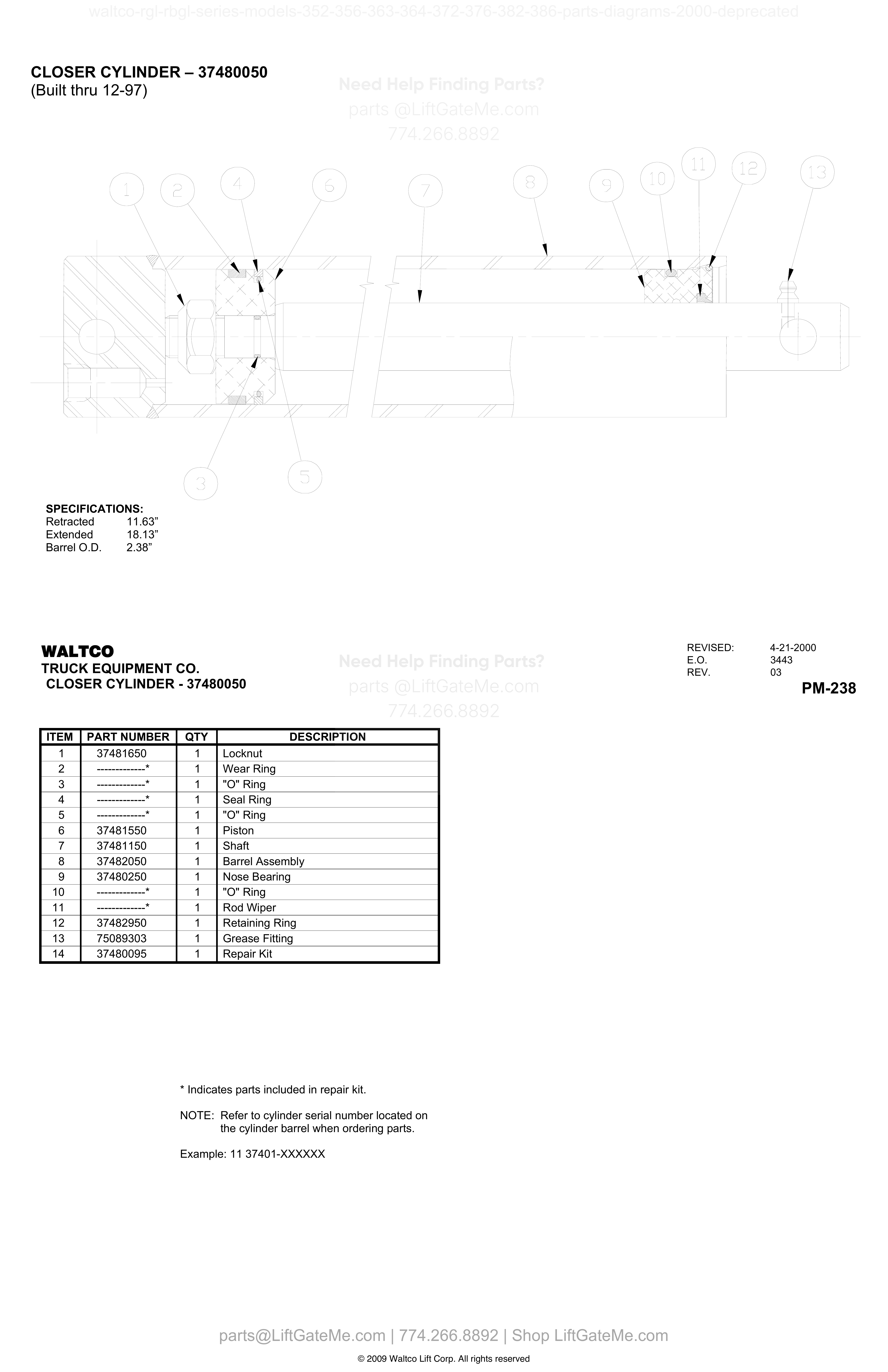 CLOSER CYLINDER – 37480050 (Built thru 12-97) diagram