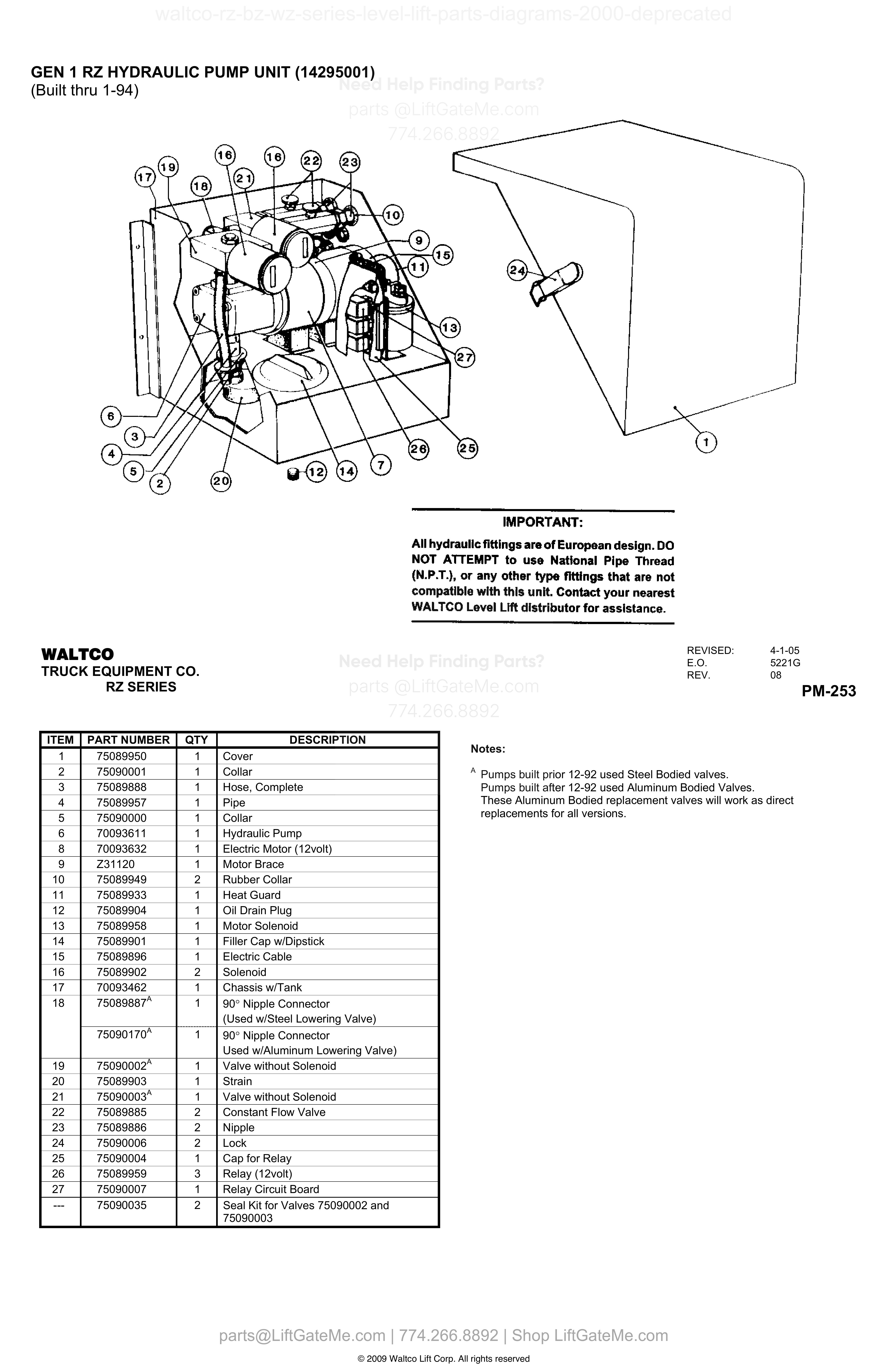 GEN 1 RZ HYDRAULIC PUMP UNIT (14295001) diagram
