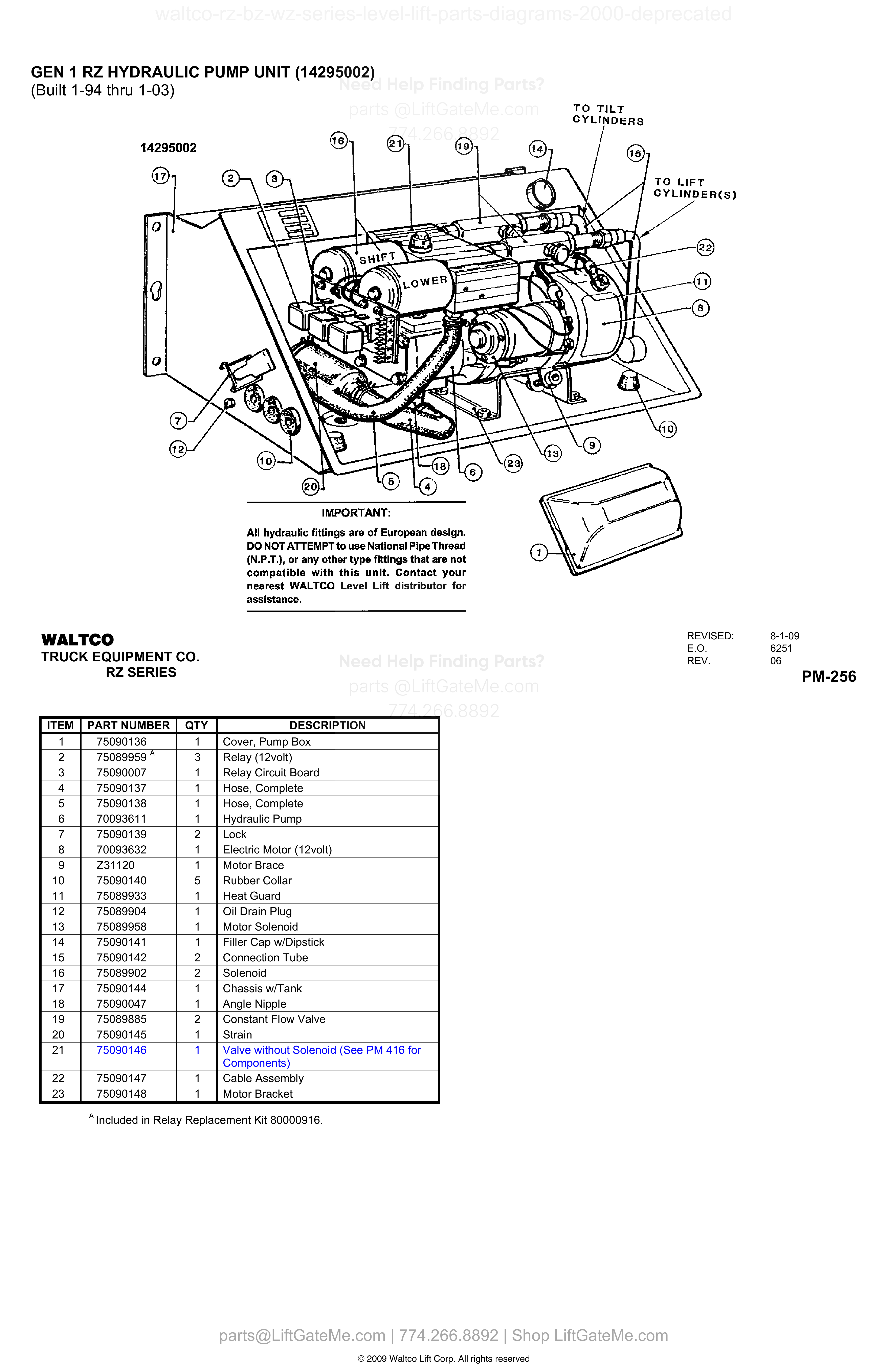 GEN 1 RZ HYDRAULIC PUMP UNIT (14295002) diagram