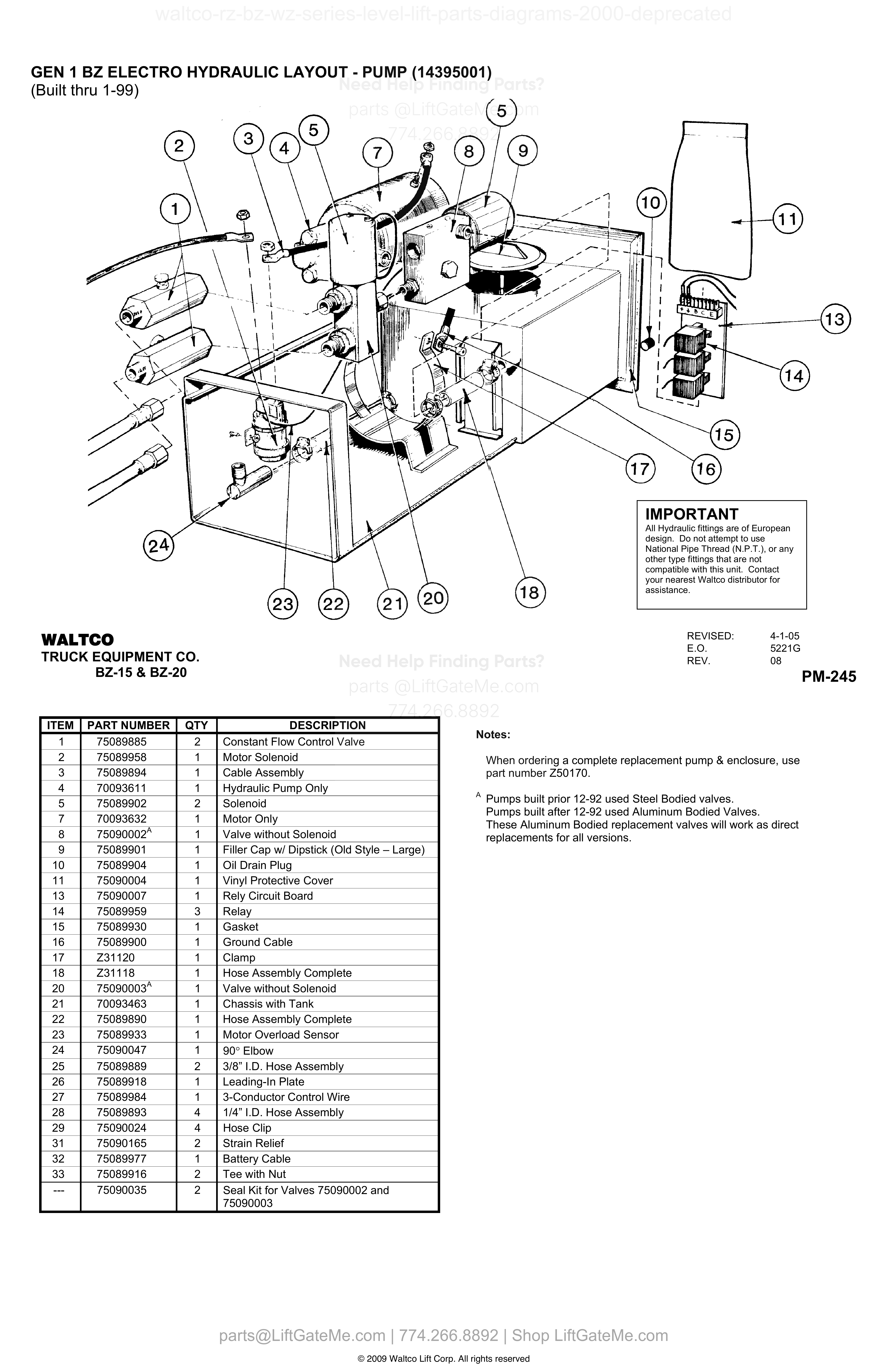 GEN 1 BZ ELECTRO HYDRAULIC LAYOUT - PUMP (14395001) diagram