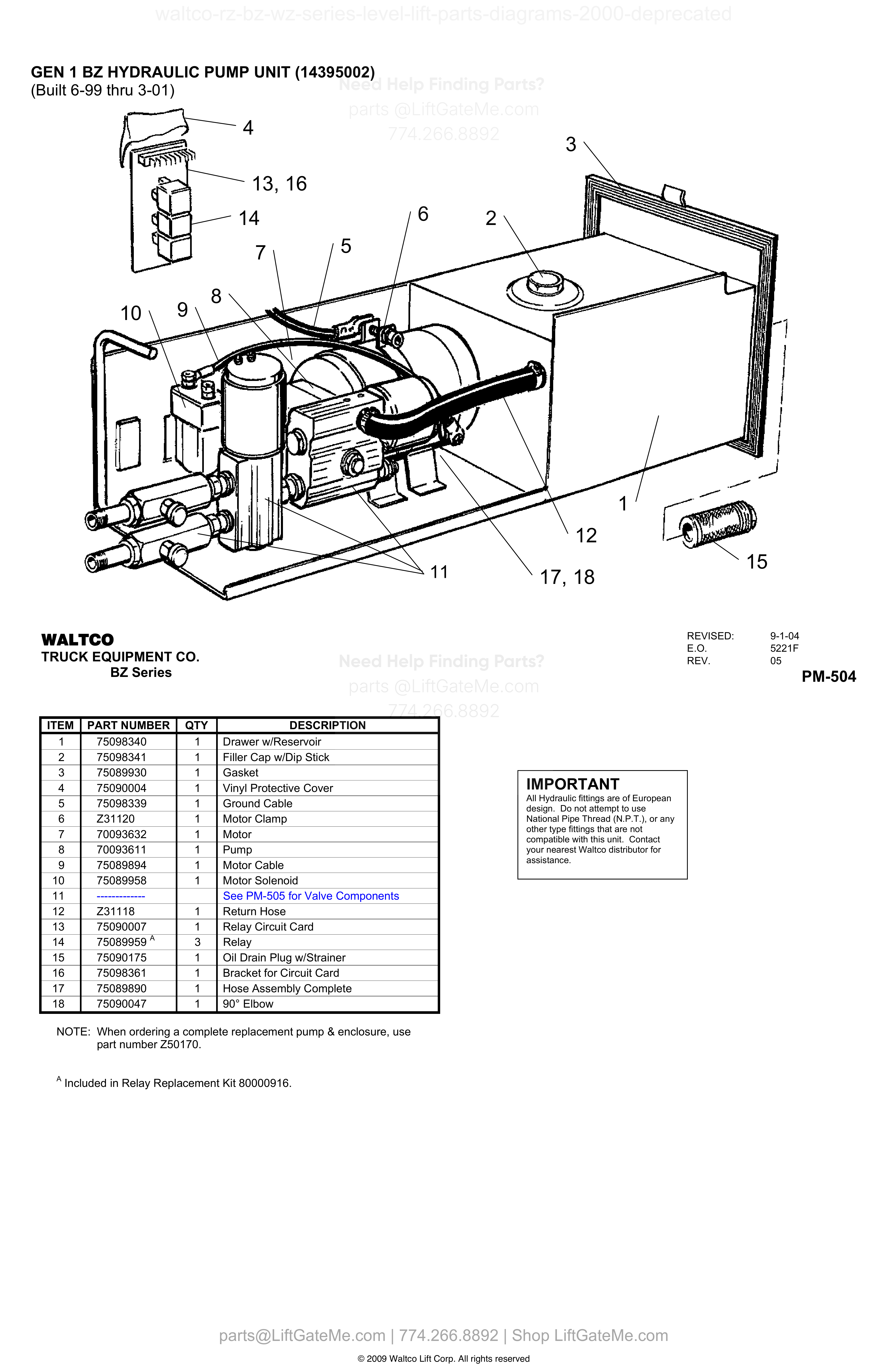 GEN 1 BZ HYDRAULIC PUMP UNIT (14395002) diagram