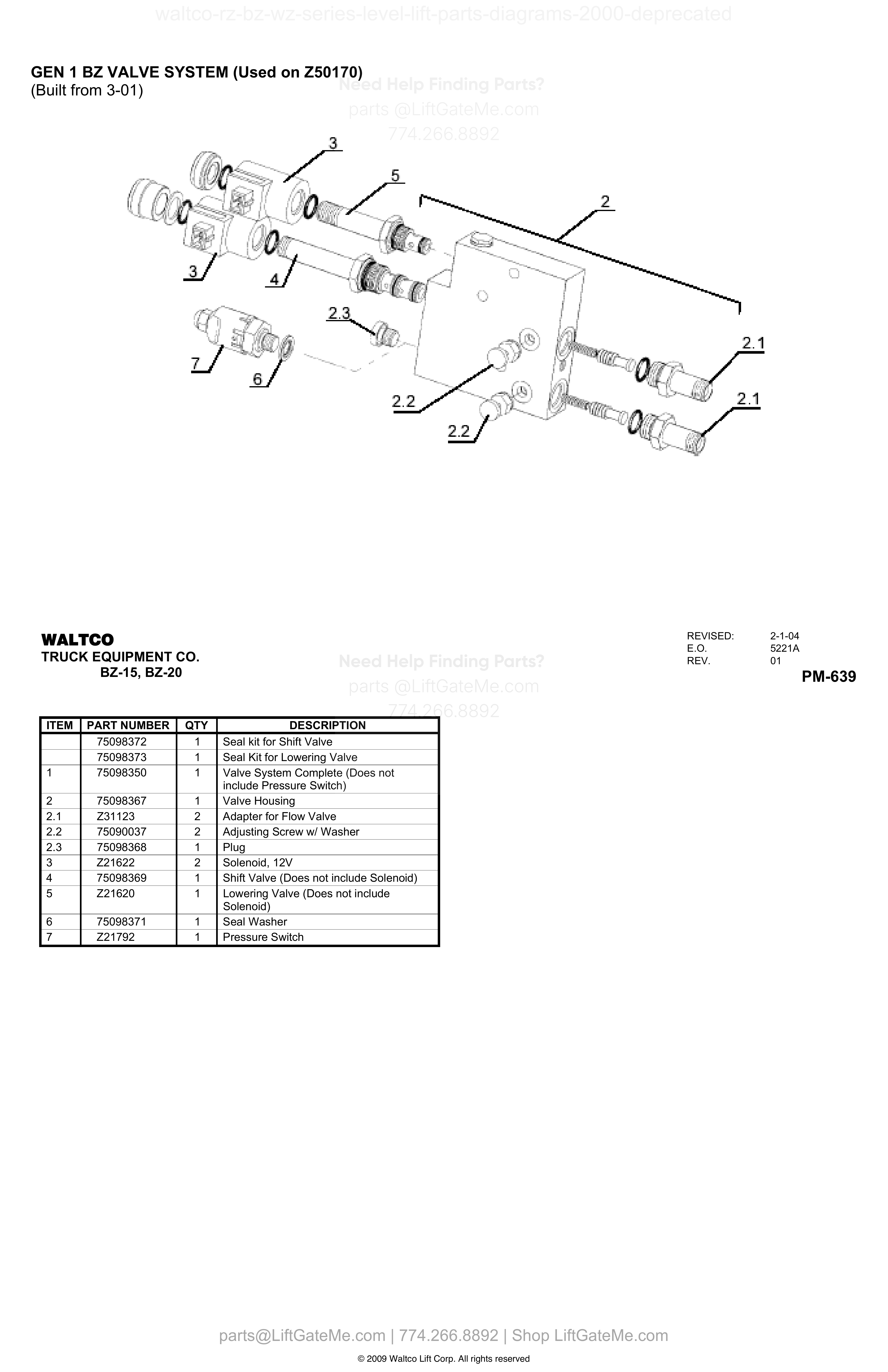 GEN 1 BZ VALVE SYSTEM (Used on Z50170) (Built from 3-01) diagram