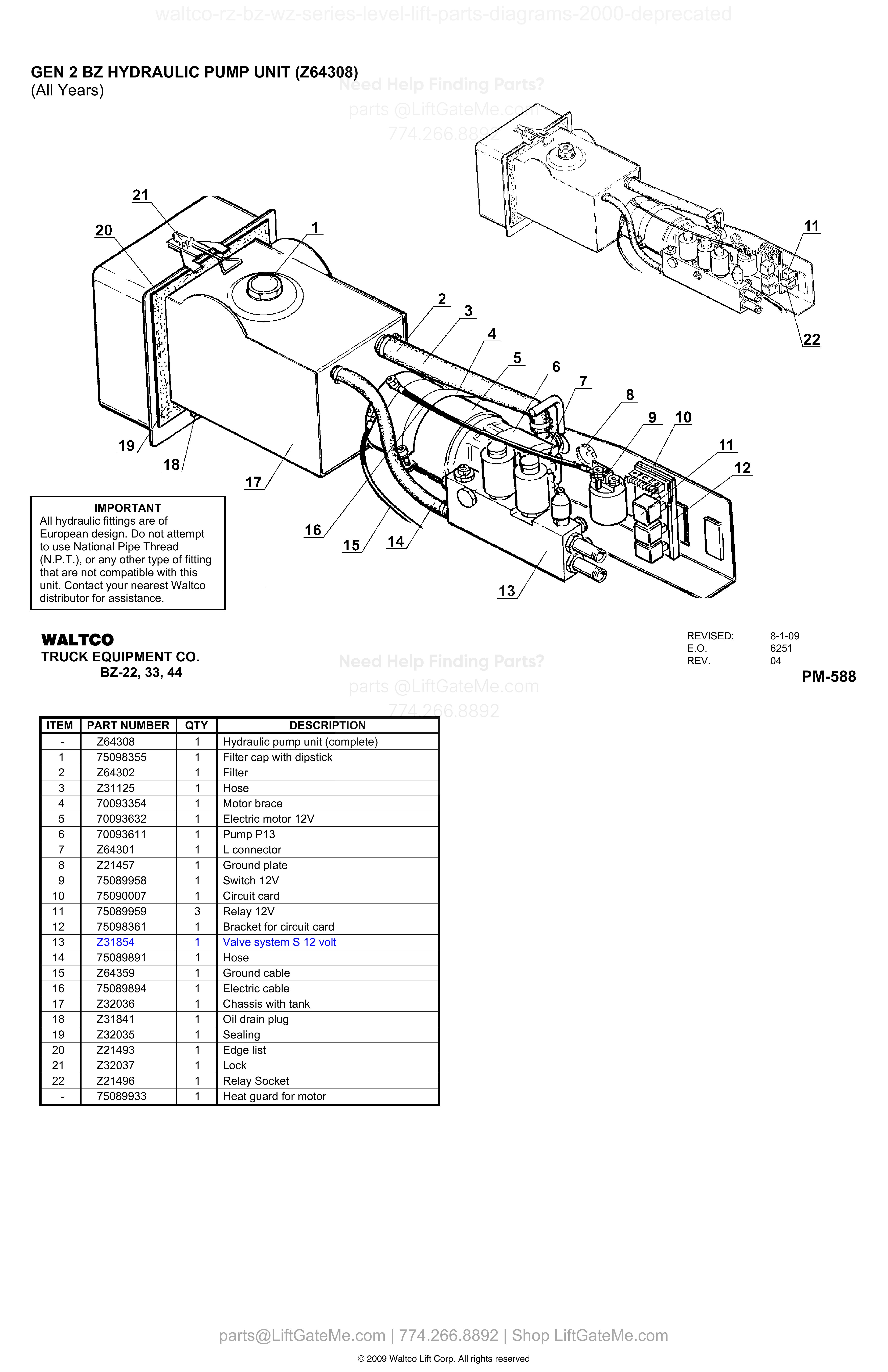 GEN 2 BZ HYDRAULIC PUMP UNIT (Z64308) diagram