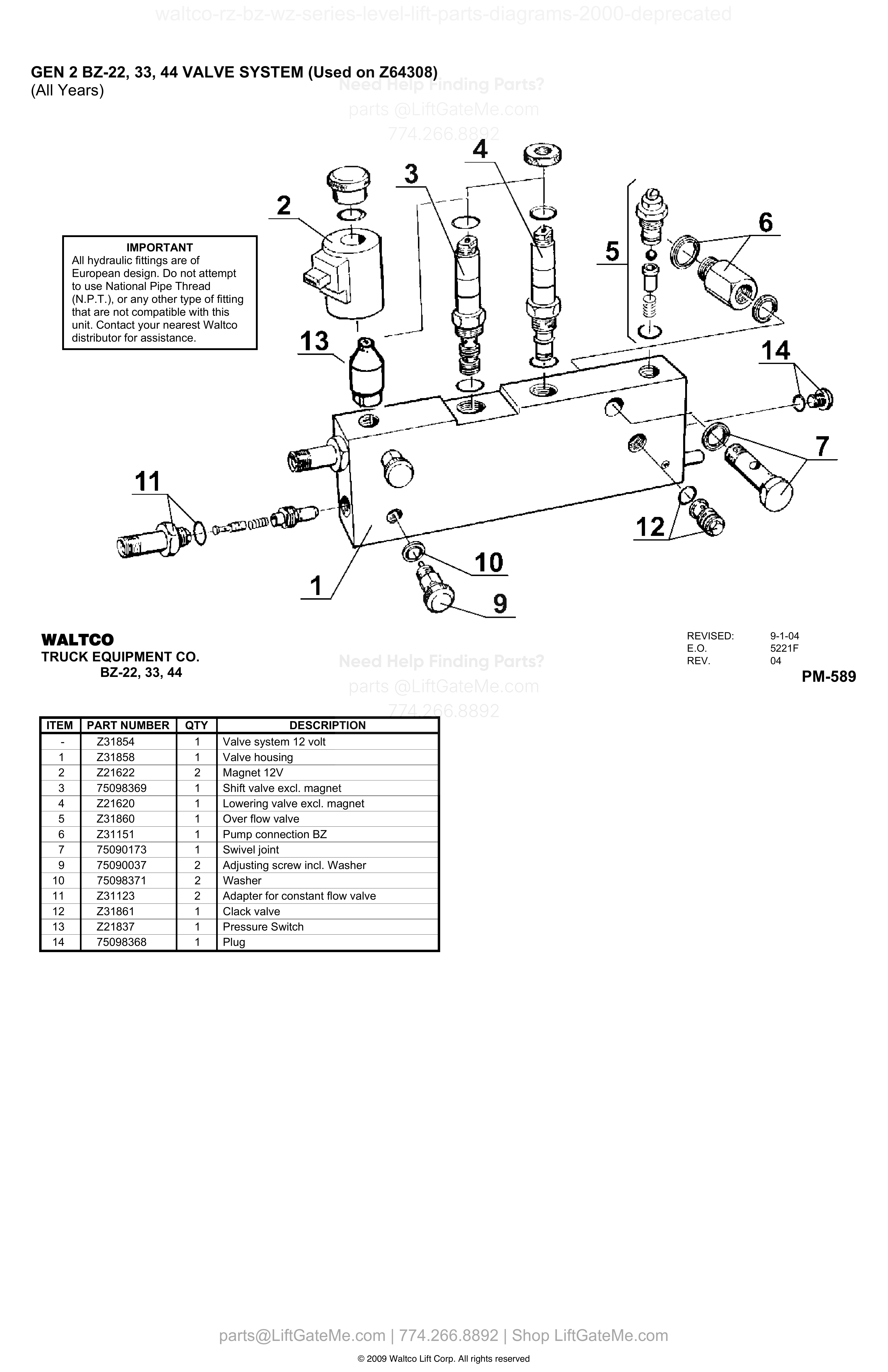 GEN 2 BZ-22, 33, 44 VALVE SYSTEM (Used on Z64308) diagram