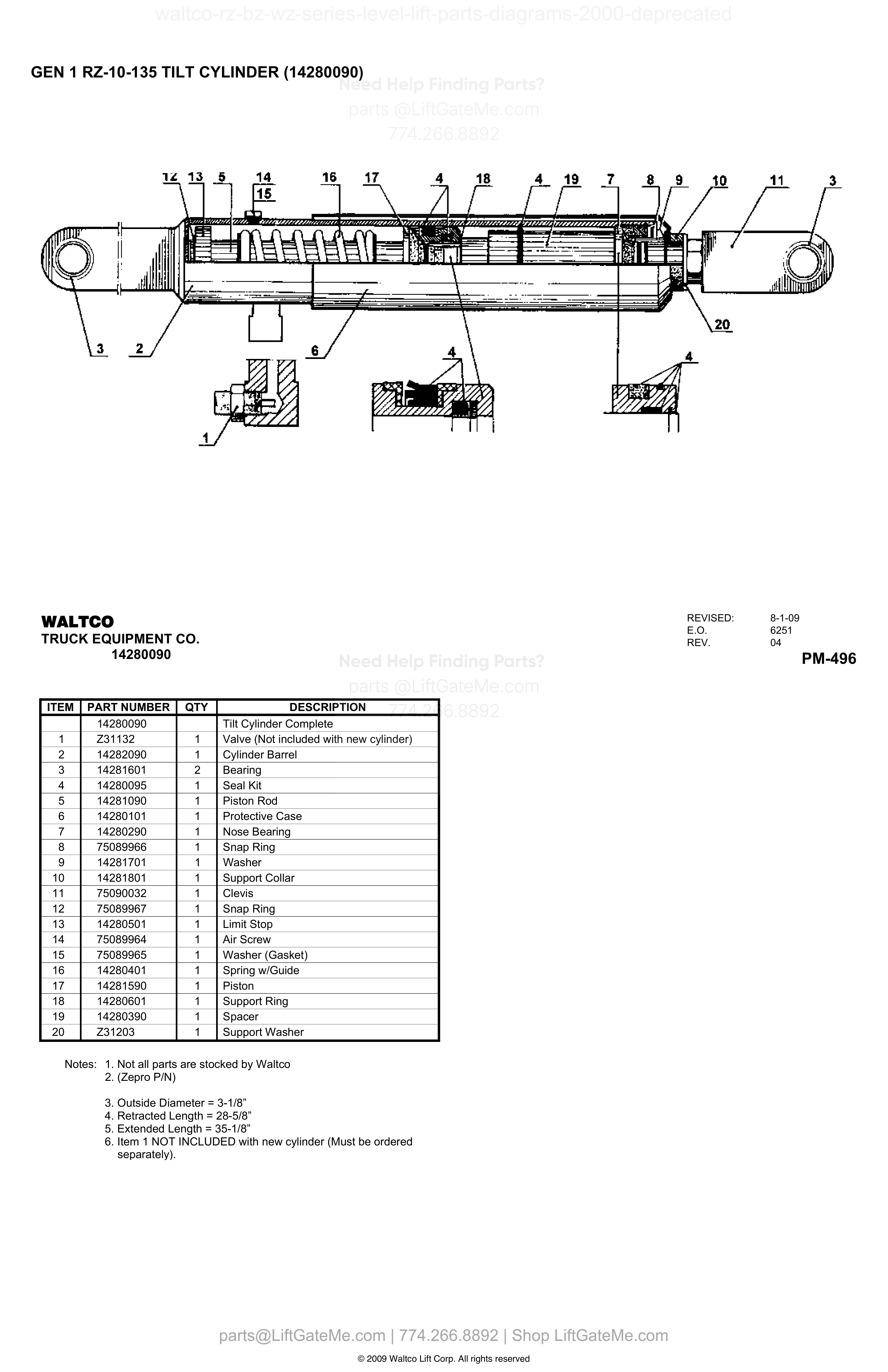 GEN 1 RZ-10-135 TILT CYLINDER (14280090) diagram