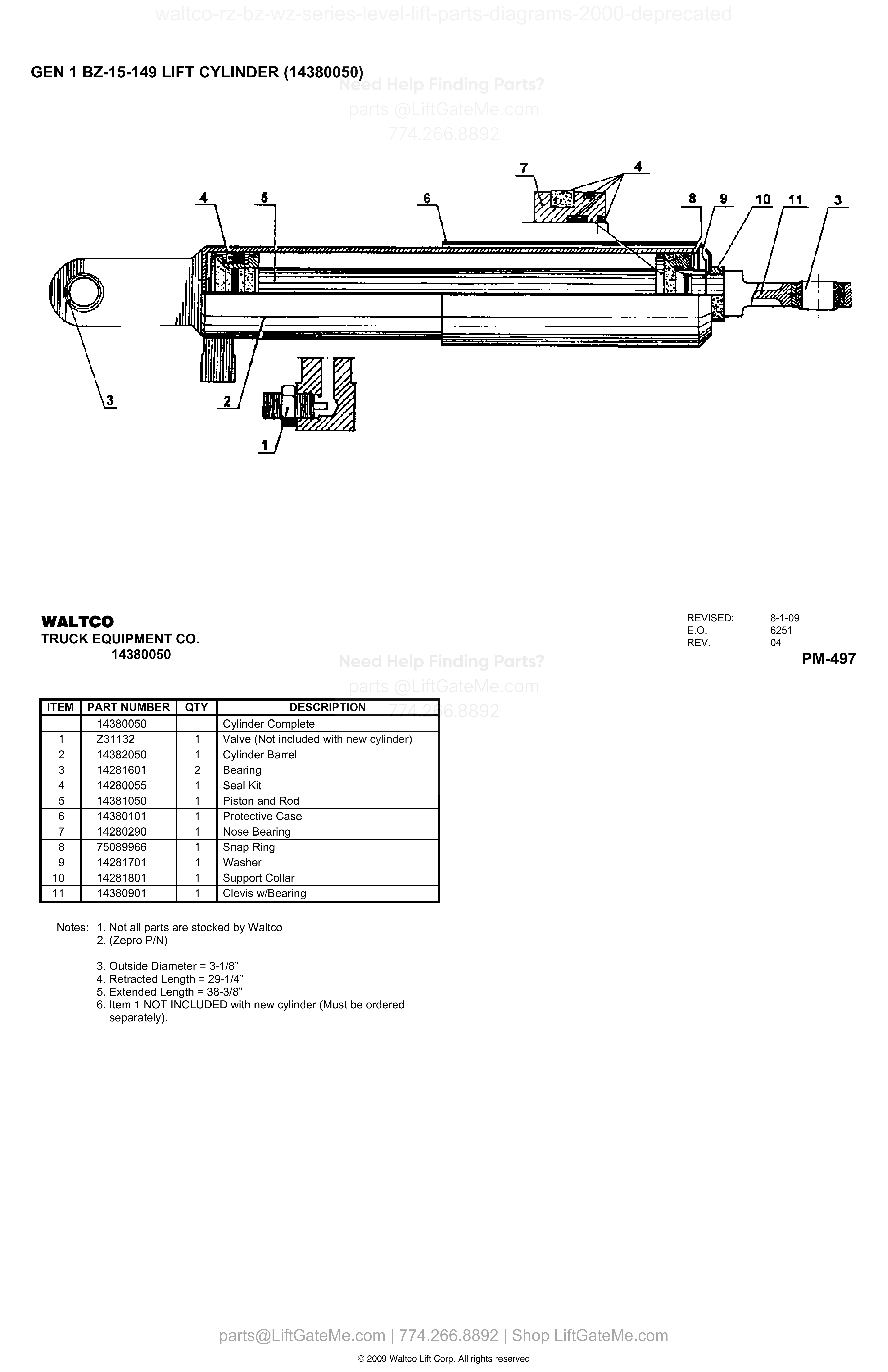 GEN 1 BZ-15-149 LIFT CYLINDER (14380050) diagram