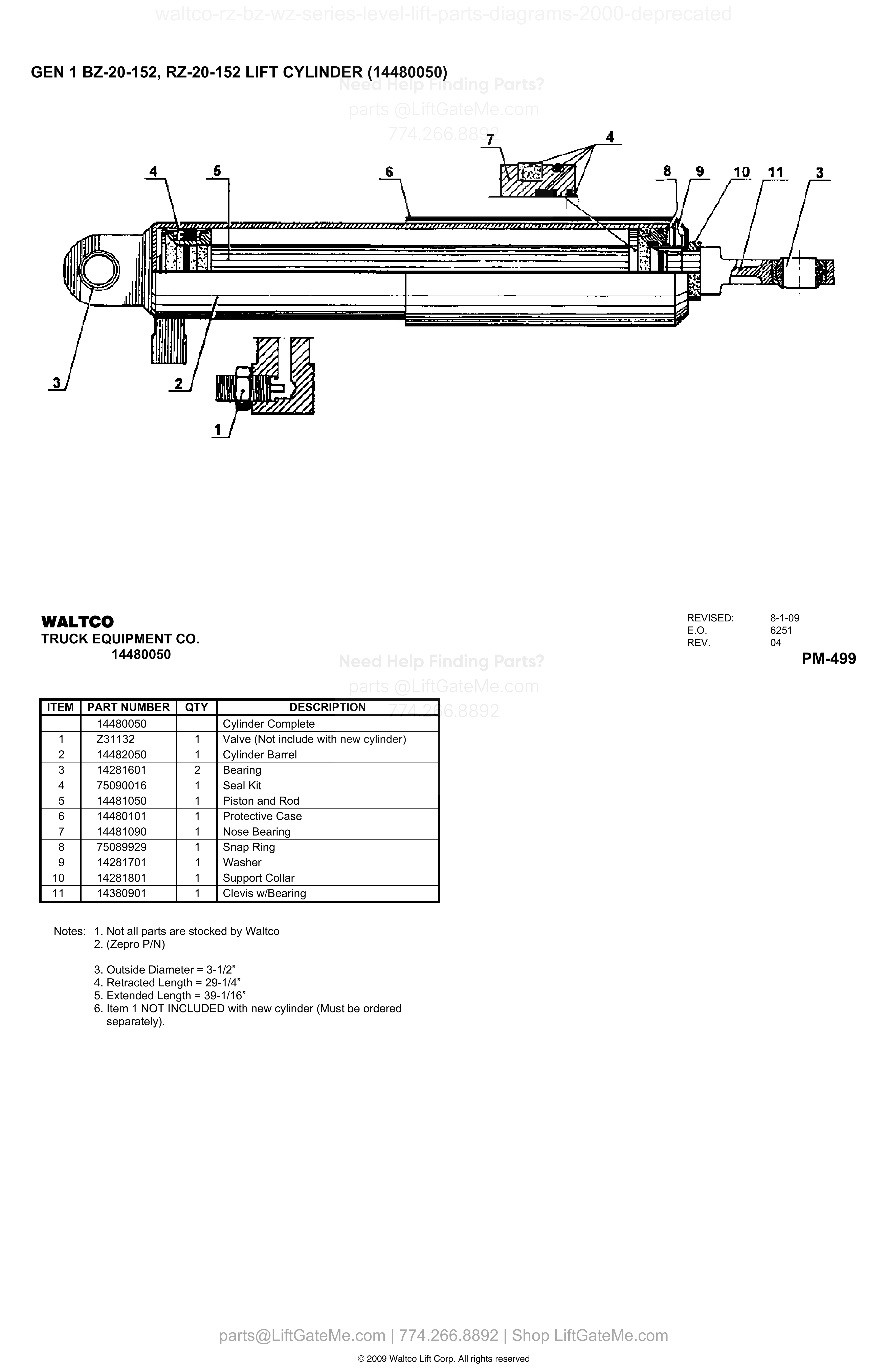 GEN 1 BZ-20-152, RZ-20-152 LIFT CYLINDER (14480050) diagram