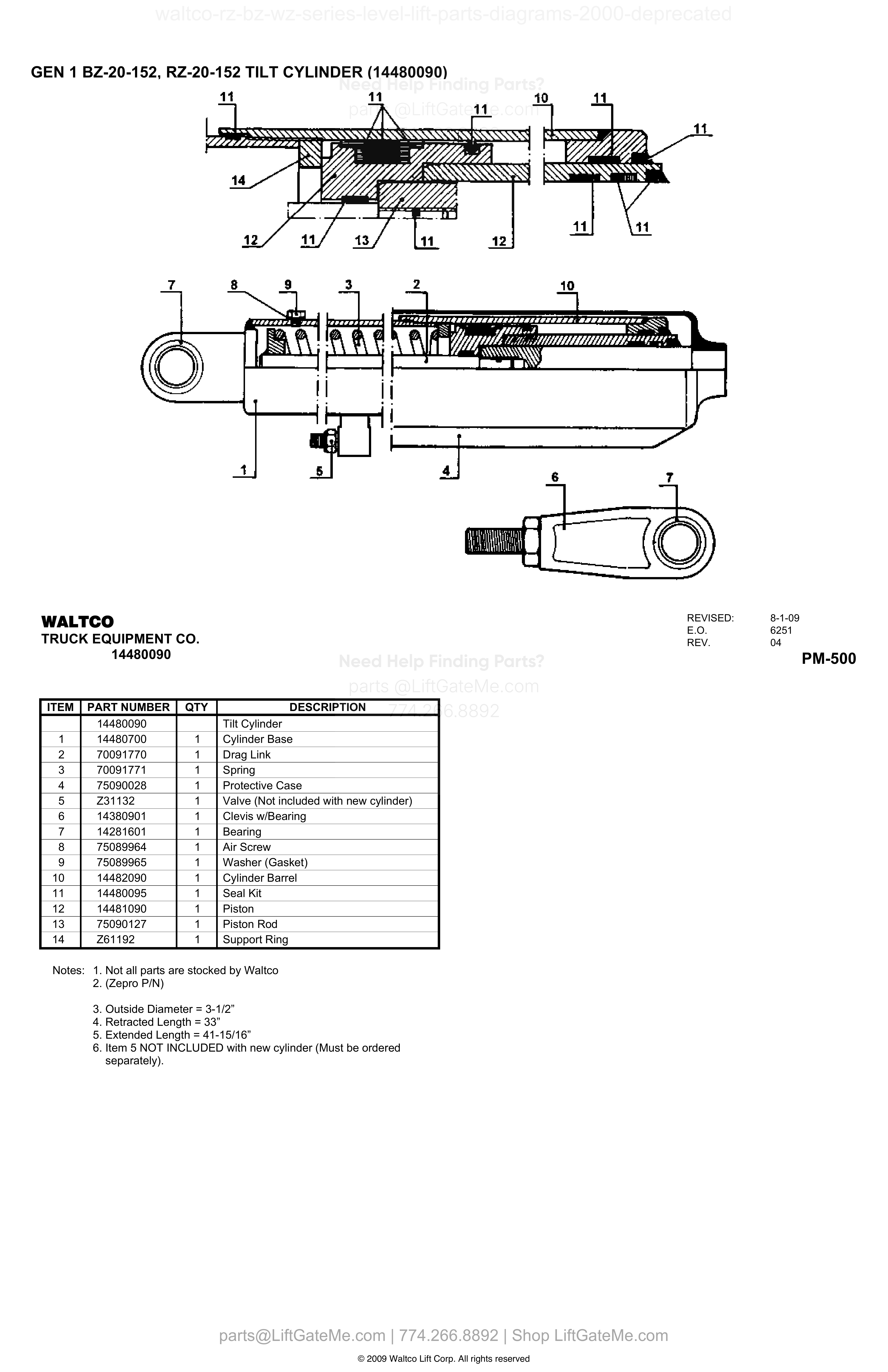 GEN 1 BZ-20-152, RZ-20-152 TILT CYLINDER (14480090) diagram