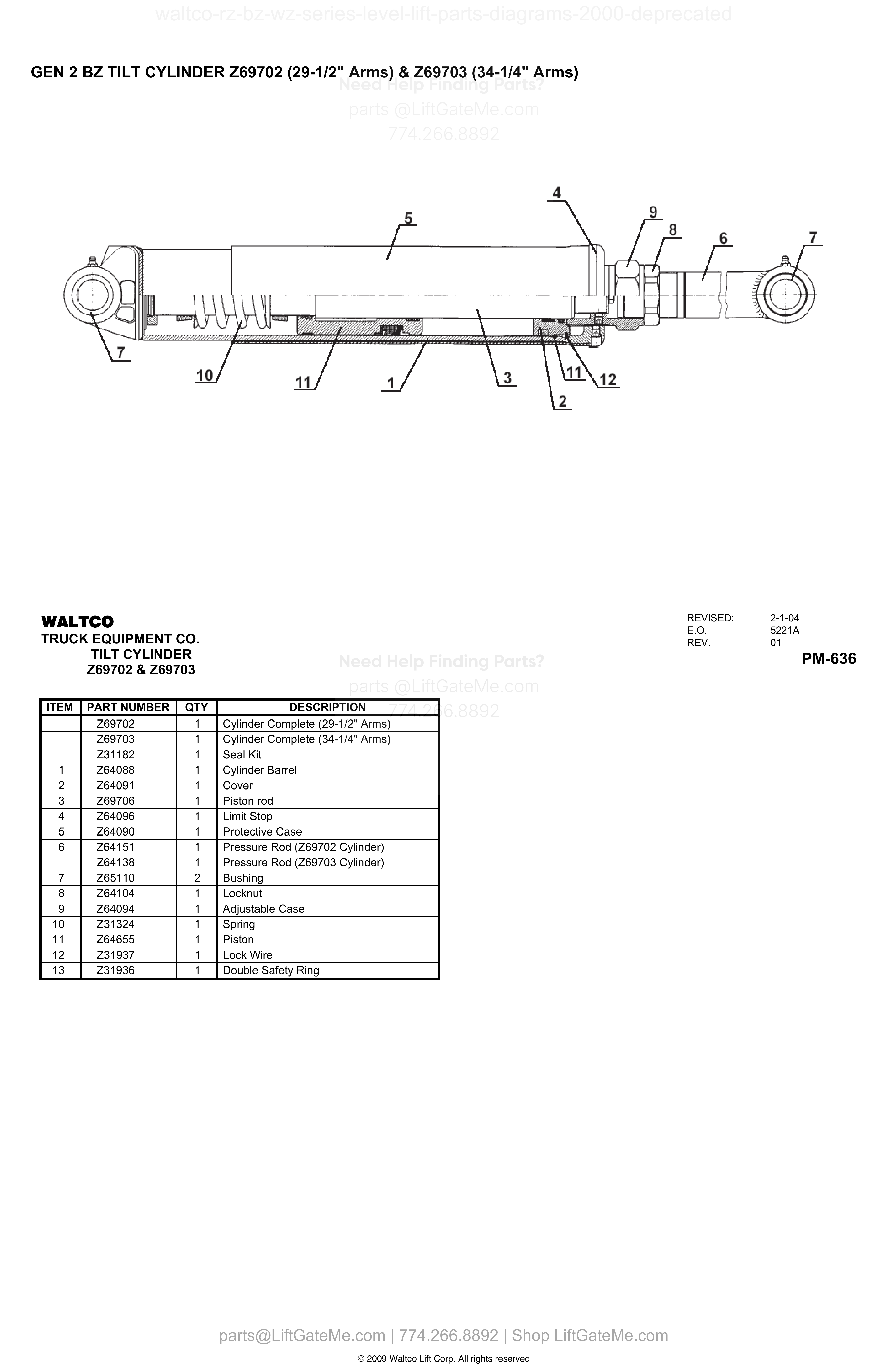 GEN 2 BZ TILT CYLINDER Z69702 (29-1/2" Arms) & Z69703 (34-1/4" Arms) diagram