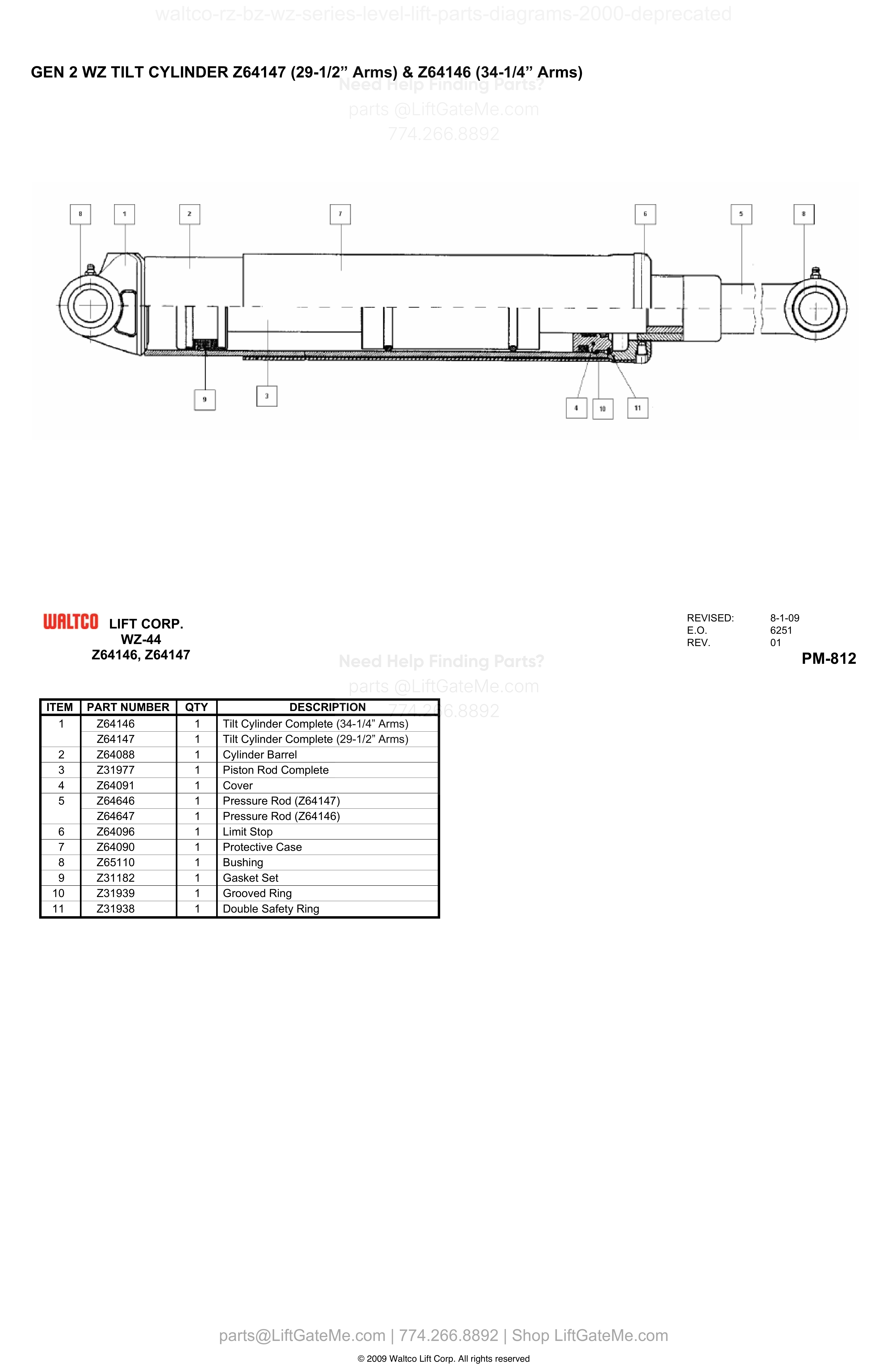 GEN 2 WZ TILT CYLINDER Z64147 (29-1/2” Arms) & Z64146 (34-1/4” Arms) diagram