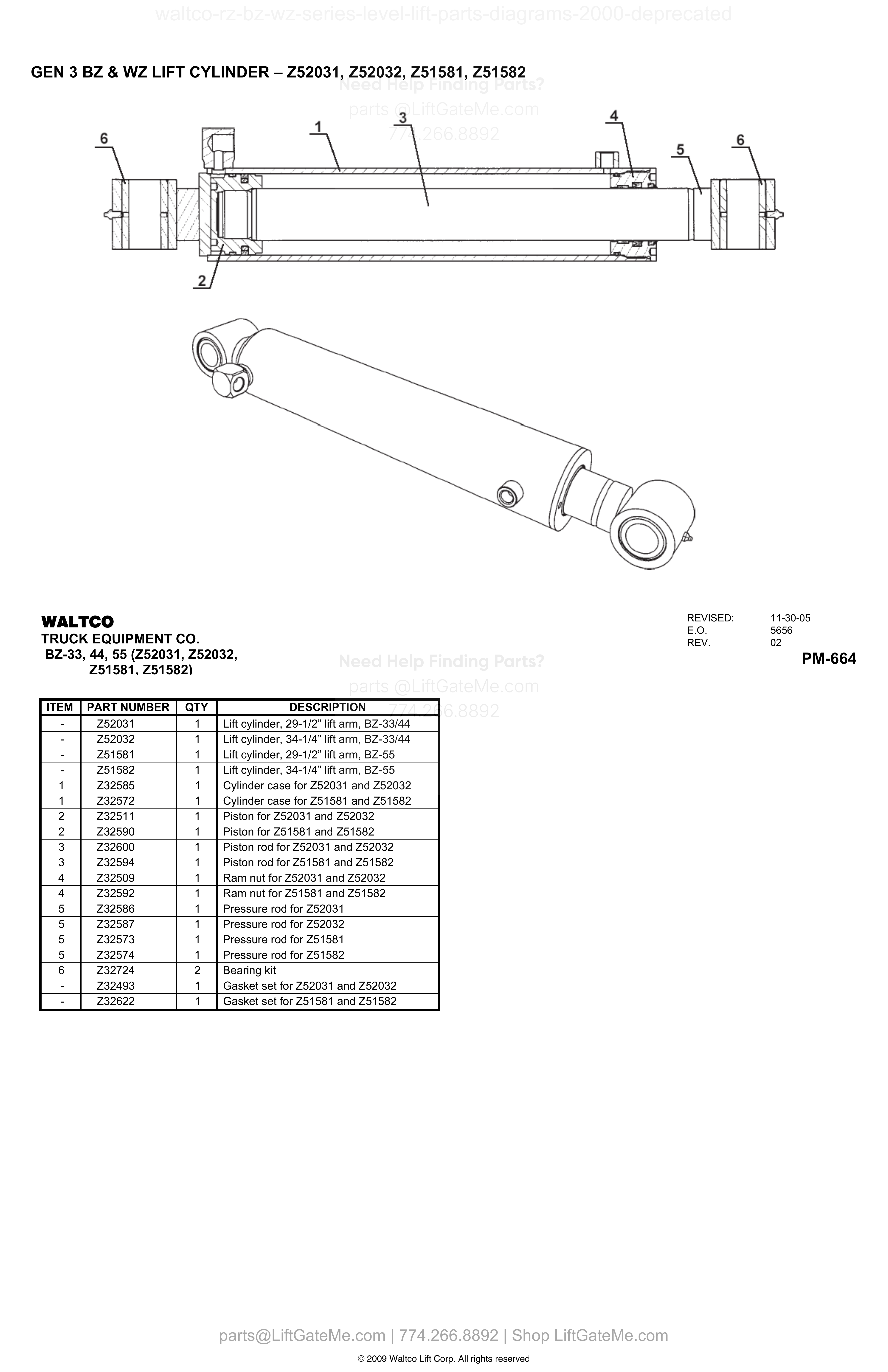 GEN 3 BZ & WZ LIFT CYLINDER – Z52031, Z52032, Z51581, Z51582 diagram