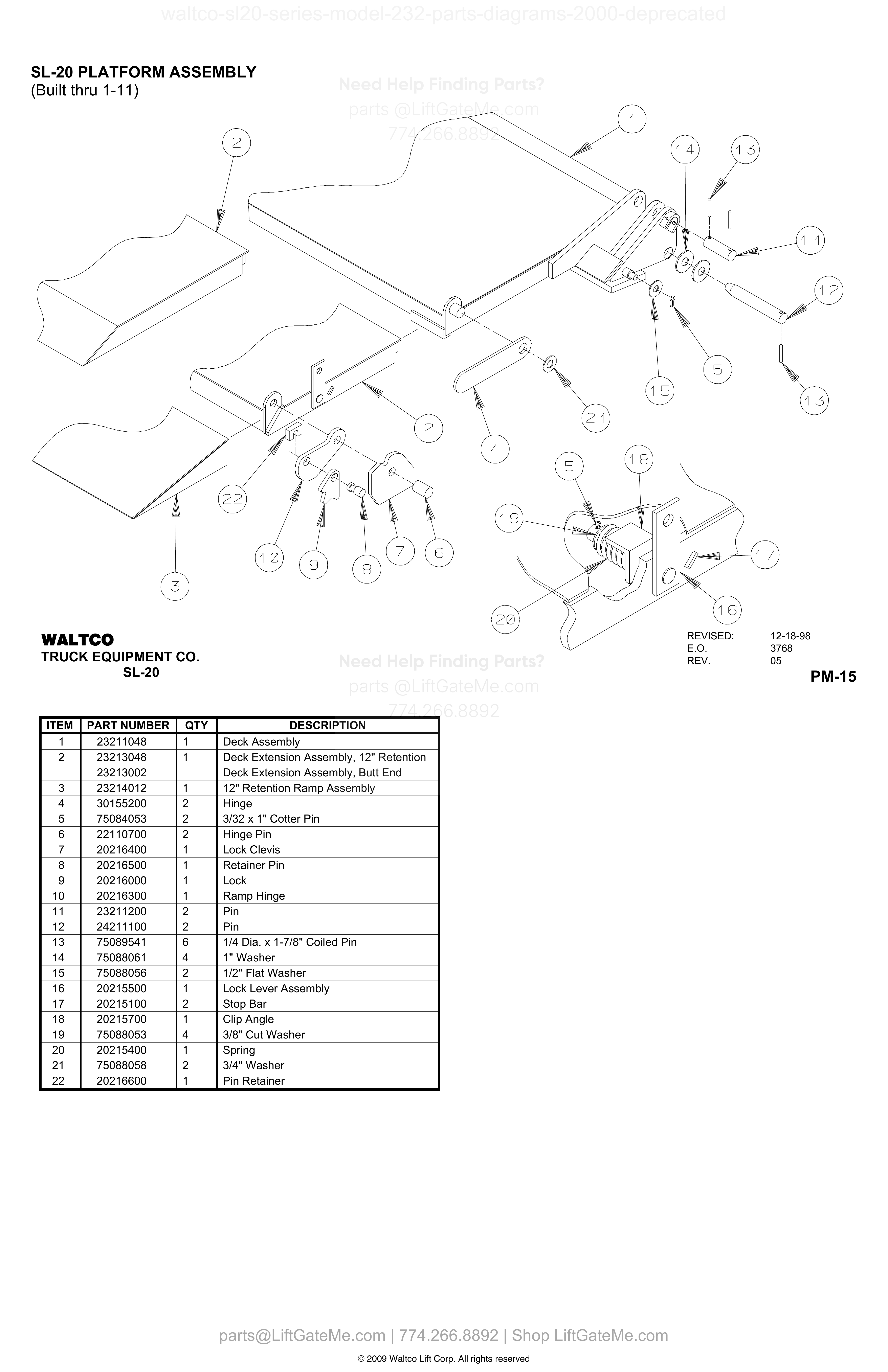 SL-20 PLATFORM ASSEMBLY (Built thru 1-11) diagram