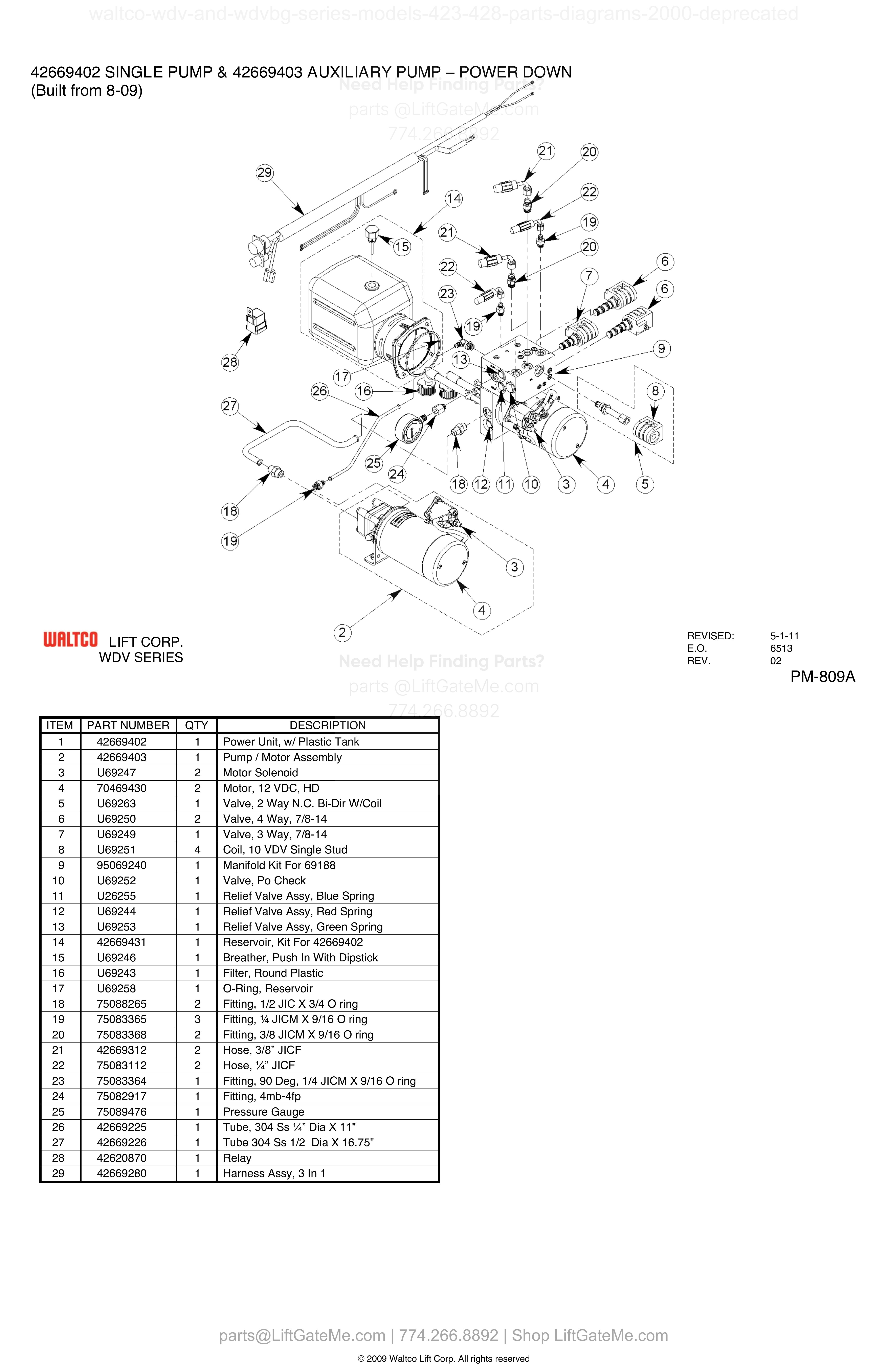42669402 SINGLE PUMP & 42669403 AUXILIARY PUMP – POWER DOWN diagram