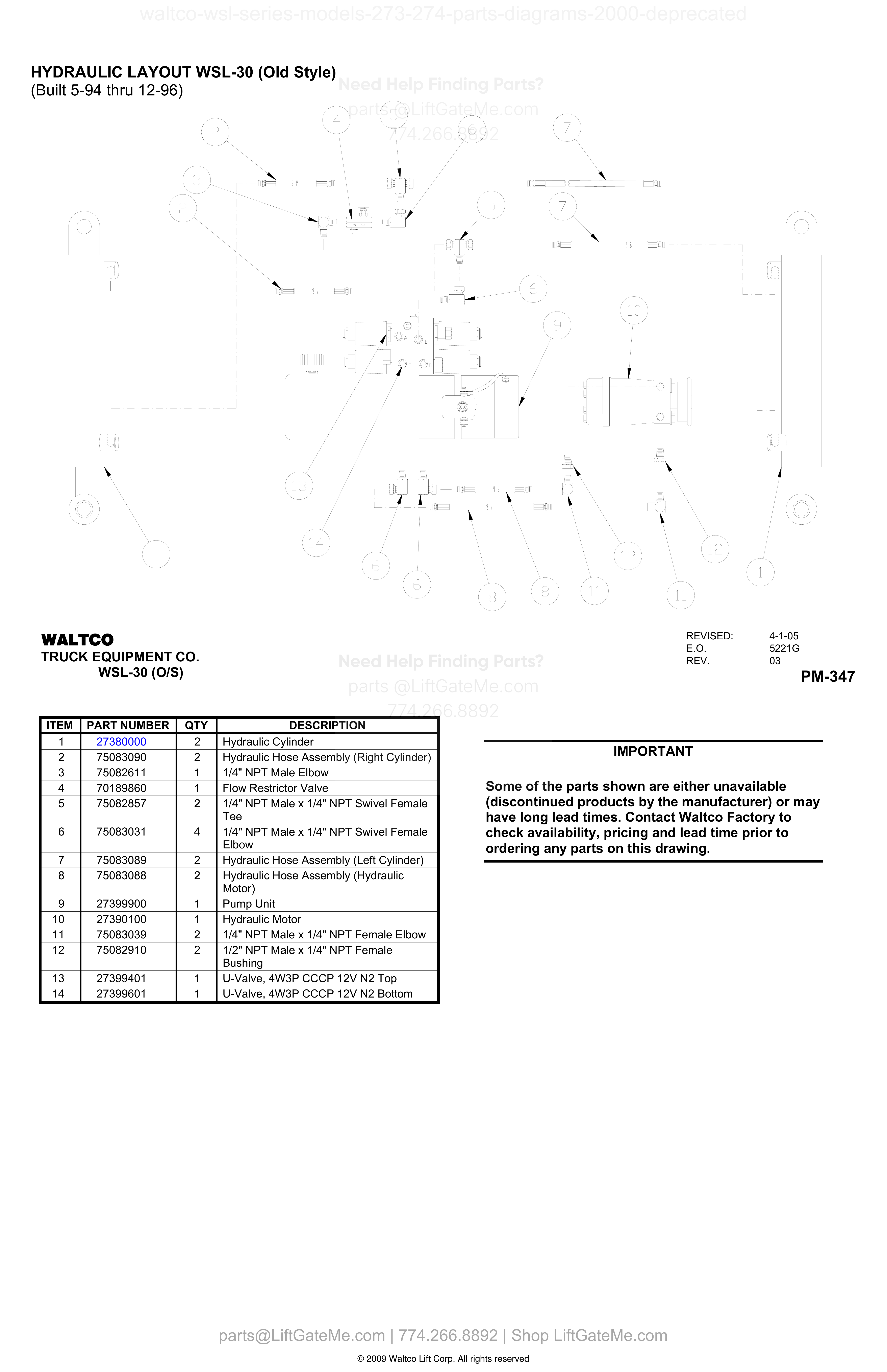 HYDRAULIC LAYOUT WSL-30 (Old Style) (Built 5-94 thru 12-96) diagram