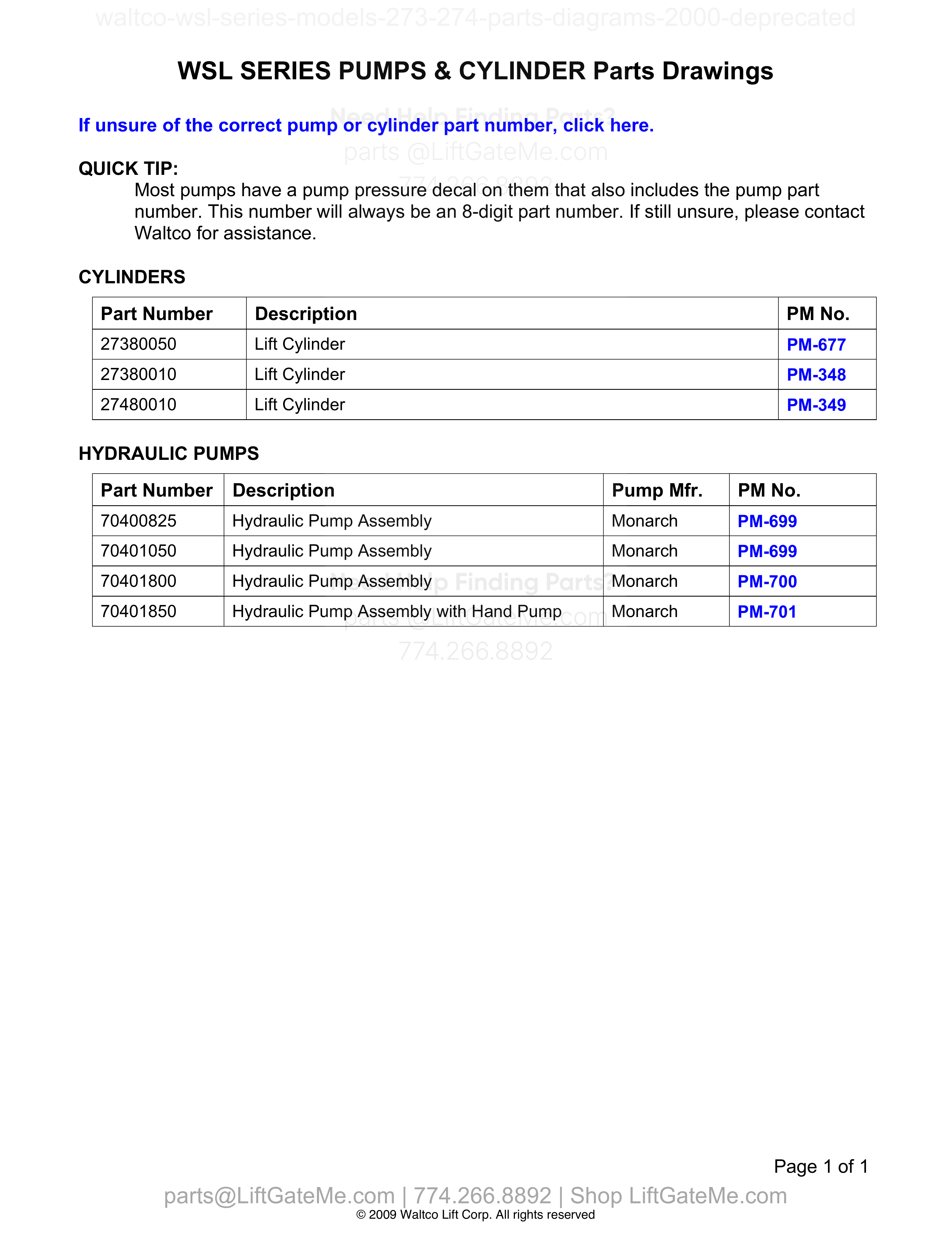 WSL SERIES PUMPS & CYLINDER Parts Drawings diagram